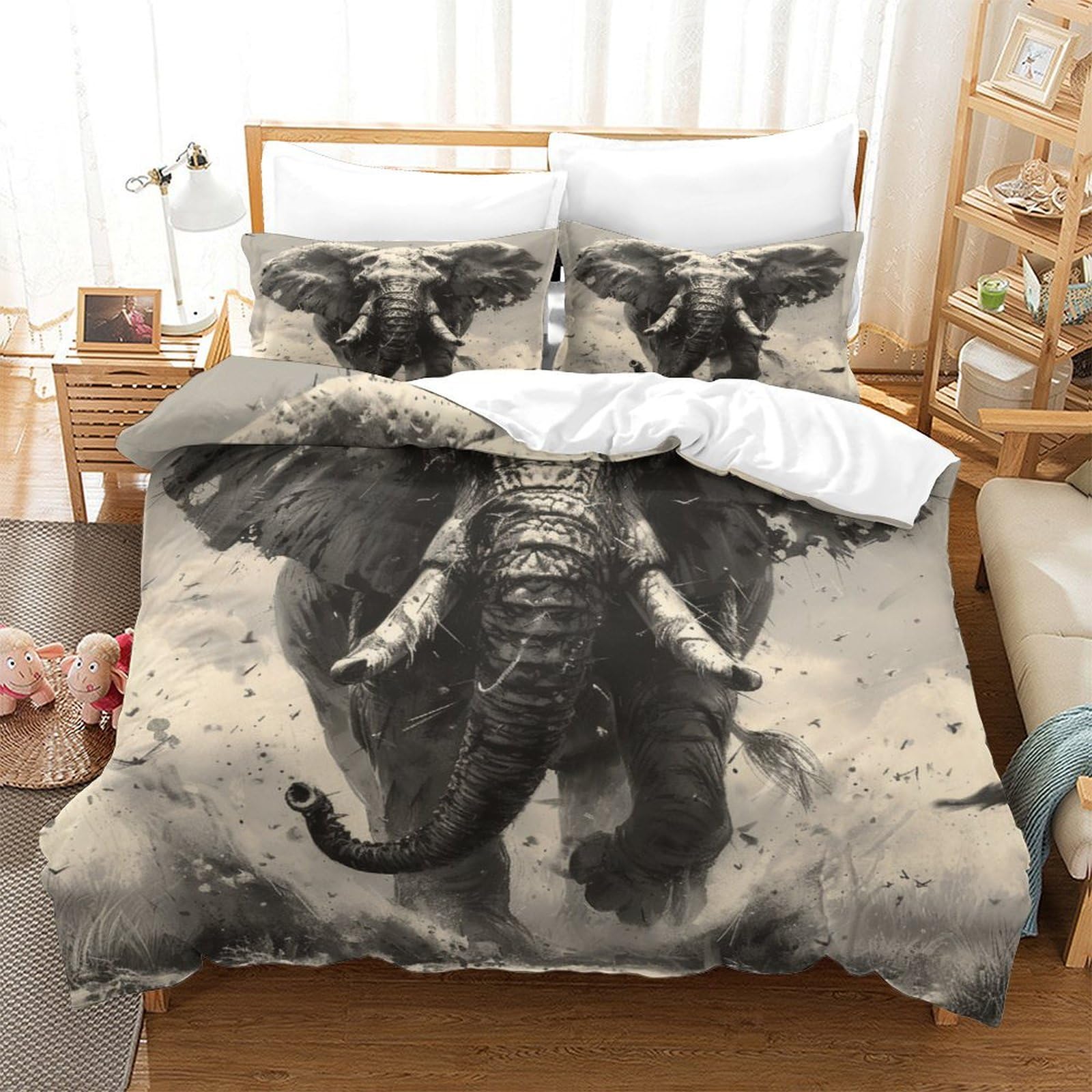 Parure de lit microfibre anti-plis imprimé 3D éléphants housse de couette super king 260x220cm