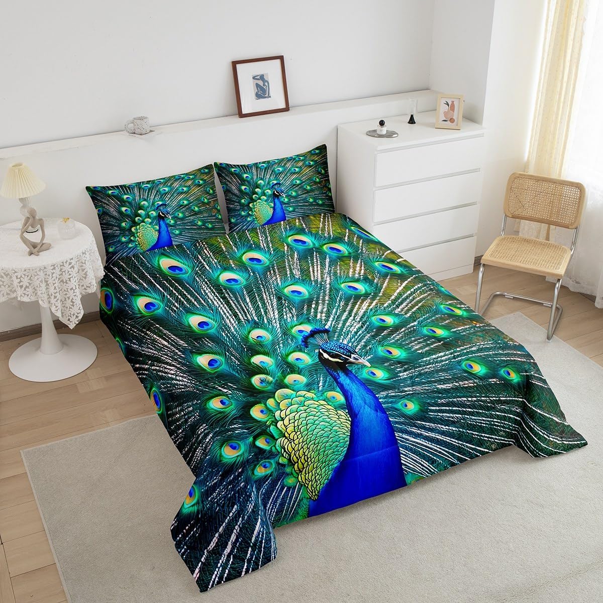 Erosebridal Peacock Bedding Set Full Size Aqua Cute Animal Pattern Comforter Set Peacock Feather Printed Decor Duvet Filler Adult Women Soft Down Comforter