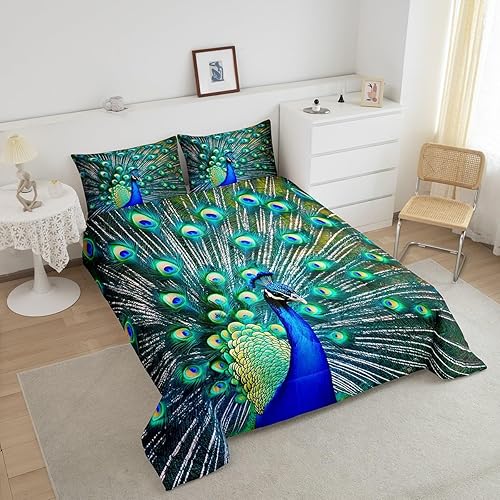 Miniatura 2 de Erosebridal Juego de ropa de cama de pavo real, tamaño matrimonial, color aguamarina, lindo patrón de animales, juego de edredón con estampado de