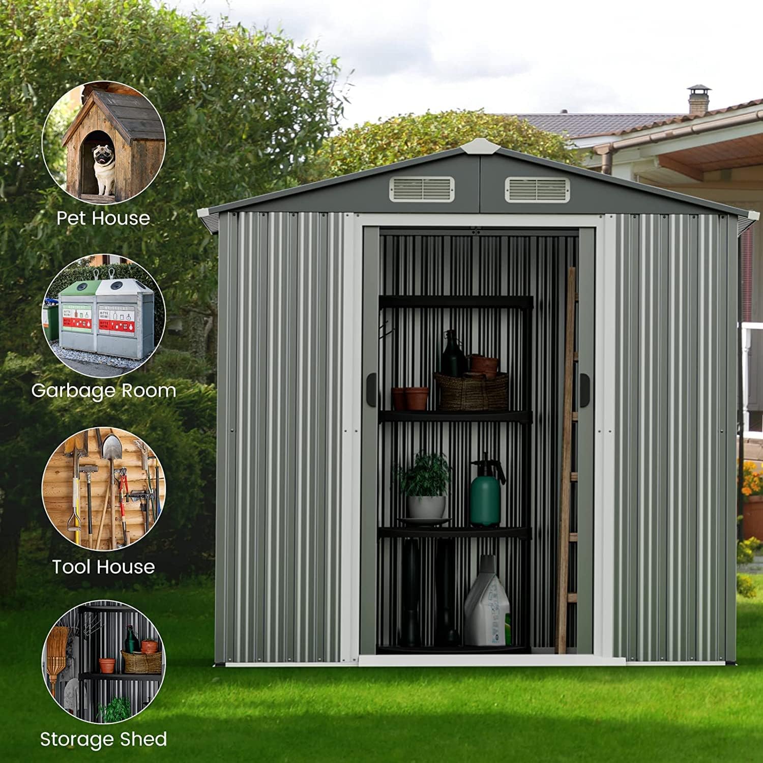 Metal Gray 6' x 4' Outdoor Storage Shed with Sliding Doors