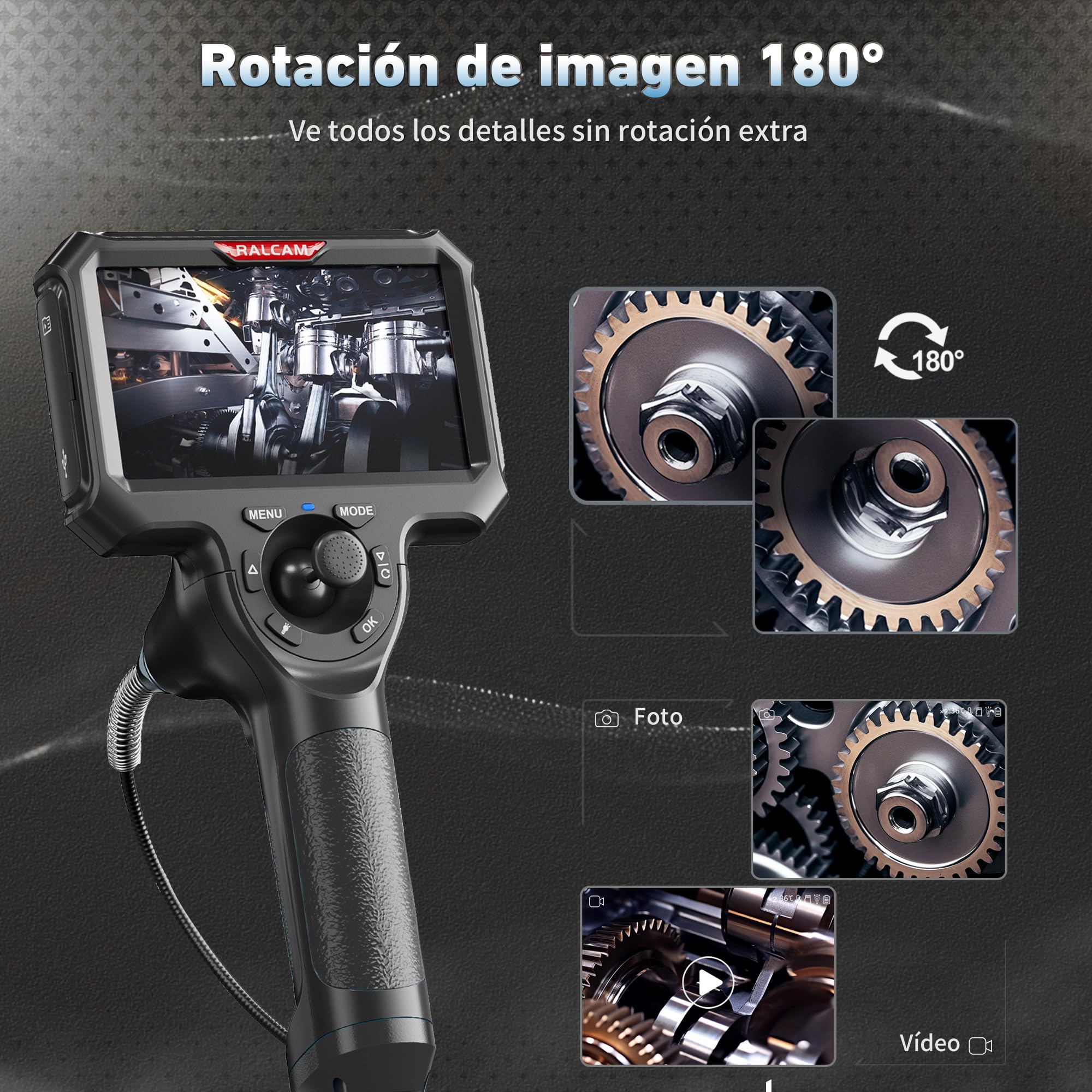 Ralcam Endoscopio 360° Ajustable con Pantalla HD 5" 1280×720, Sonda 6,2 mm con 6 Luces LED, Cable Semirrígido 1,5 m, Impermeable IP67 para Inspección Profesional