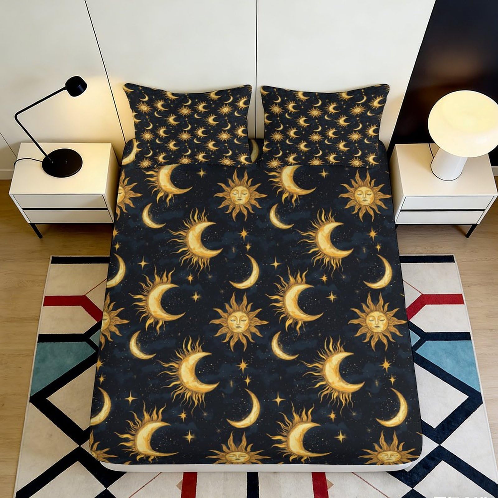 3D Printed Celestial Sun Moon Fitted Sheet Microfiber Soft Breathable Cosmic Night Sky Mattress Cover for Bedroom Dormitory Guest Room Decor Protection 140x200x25cm