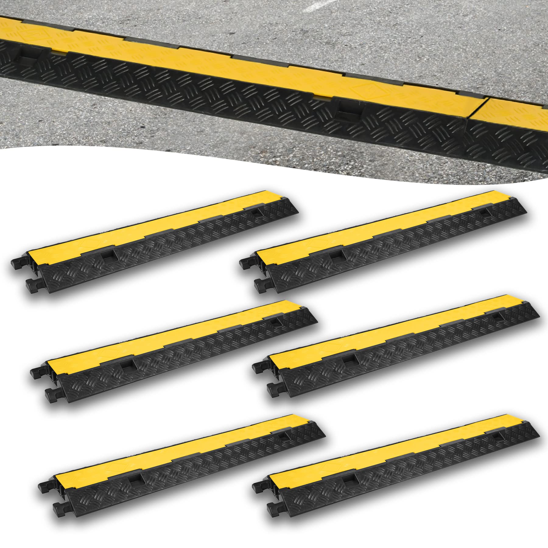 Froadp Lot de 6 Goulottes de Sol 100cm/3,32ft Revêtements de Câbles Couvertures Pont de Câble avec 2 Canaux Protection Anti-Collision Caoutchouc Cordons de Raccordement pour Parking Atelier Entrepôt