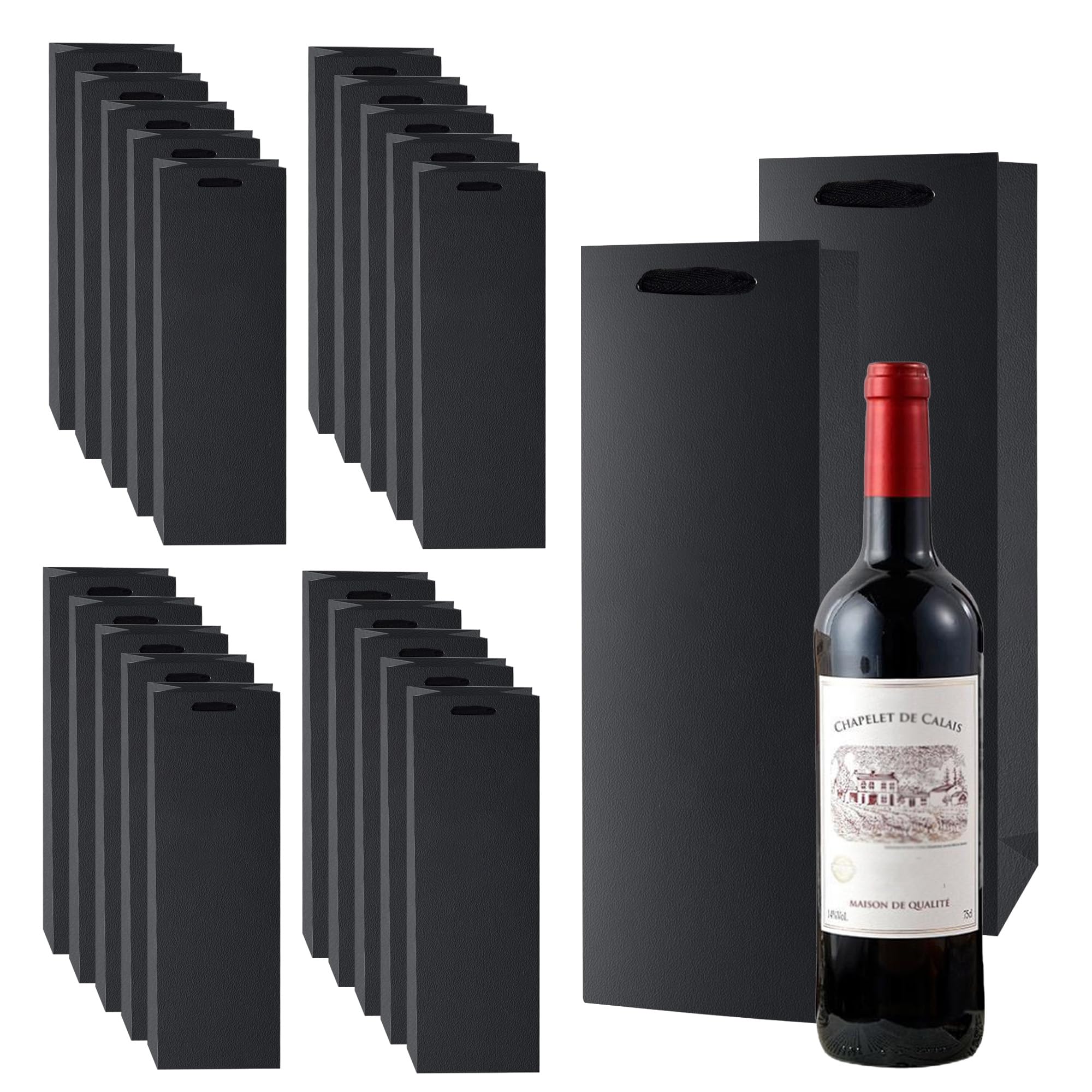 24 Pack Kraft Paper Bottle Wine Bag with Handles, Black Paper Bottle Bags for Wine, Single Wine Gift Bag for Party, Shopping, Retail Merchandise