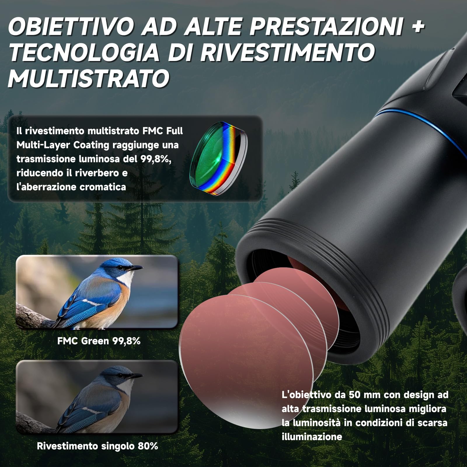 Binocolo 10x50 per Birdwatching e Astronomia - Prismi BAK-4, Lenti FMC, Impermeabile