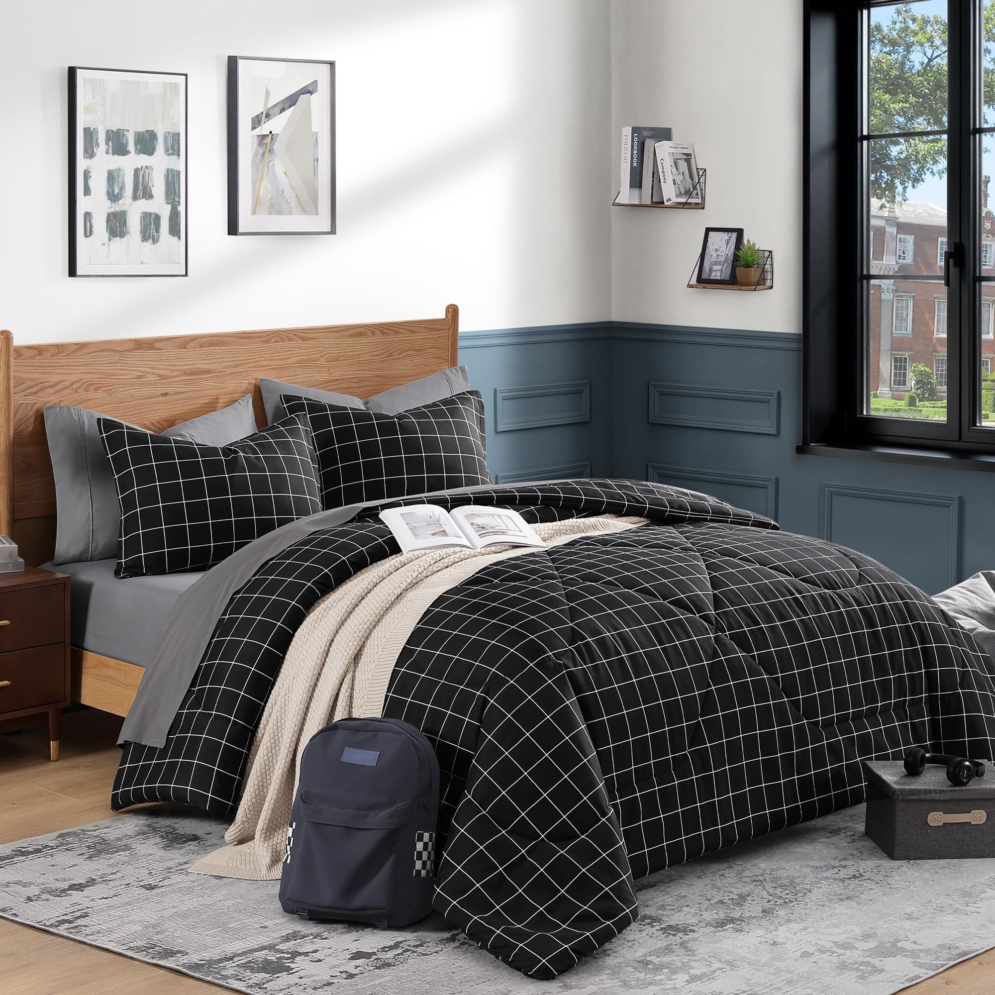Andency Black Grid Comforter Set Twin Size (66x90 Inch), 2 Pieces(1 Grid Comforter and 1 Pillowcase), Summer Lightweight Microfiber Down Alternative