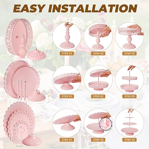 Miniatura 4 de Juego de exhibición de mesa de postre rosa, soporte de metal para cupcakes, plato de dulces de alimentos, bandeja de torre con pinzas, cuchillo para