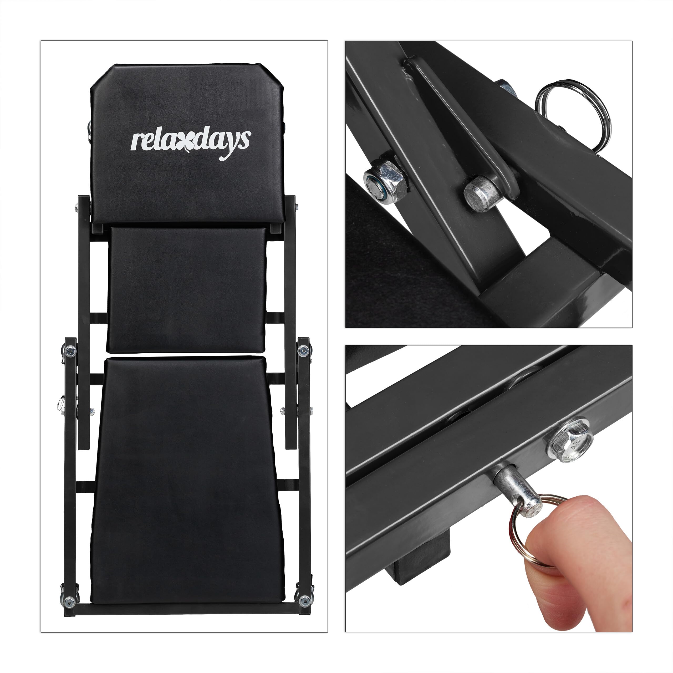 Relaxdays Camilla de Mecánico con Ruedas, Resiste 150 kg, Taburete Taller 2 en 1, Plegable, Giro 360º, para Coche, Negro
