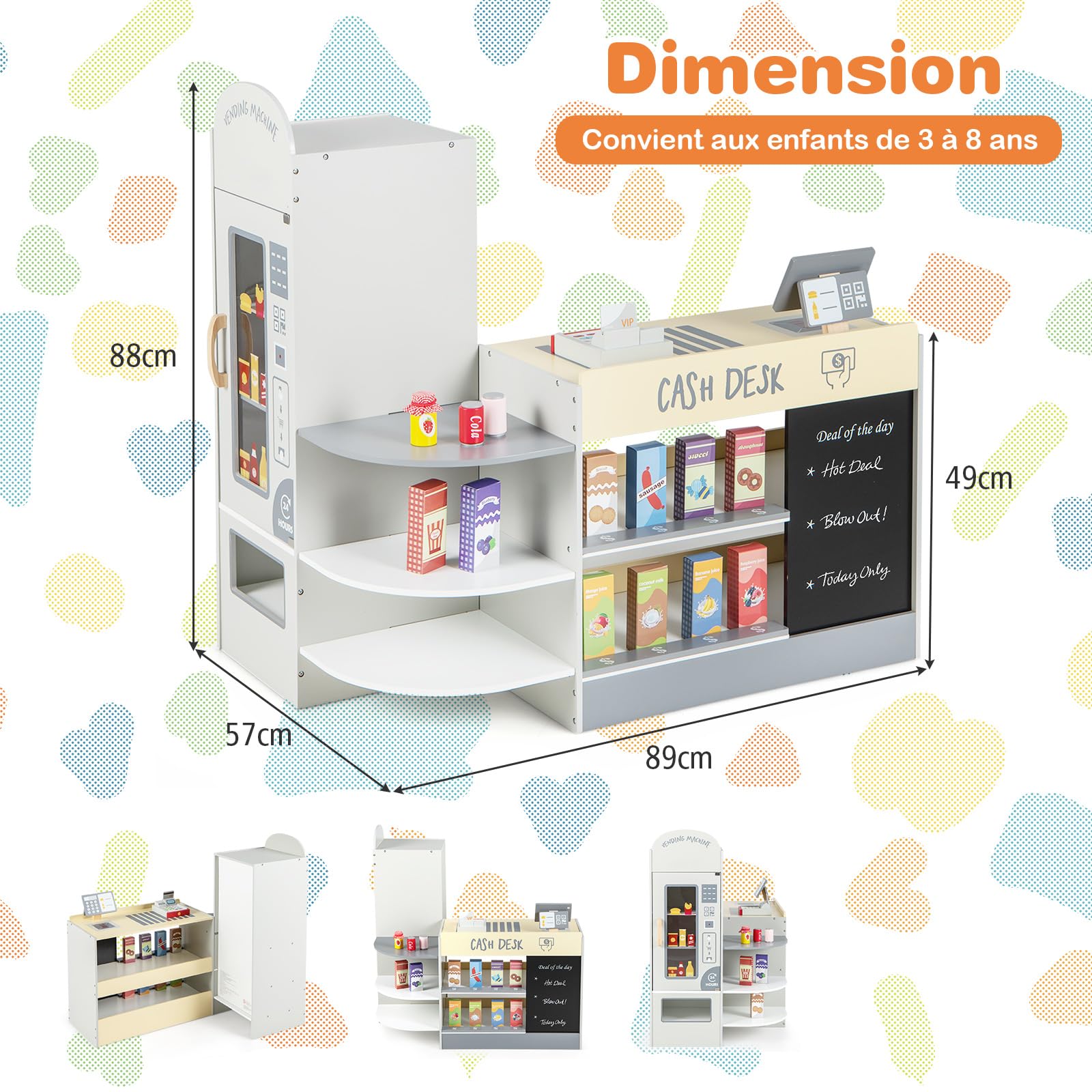 COSTWAY Épicerie Enfants en Bois avec 15 Accessoires & Distributeur Automatique, Marchande Enfants avec Caisse Enregistreuse Réaliste & Tableau Noir, Jeu d’Imitation pour Enfants de 3-8 Ans (Gris)