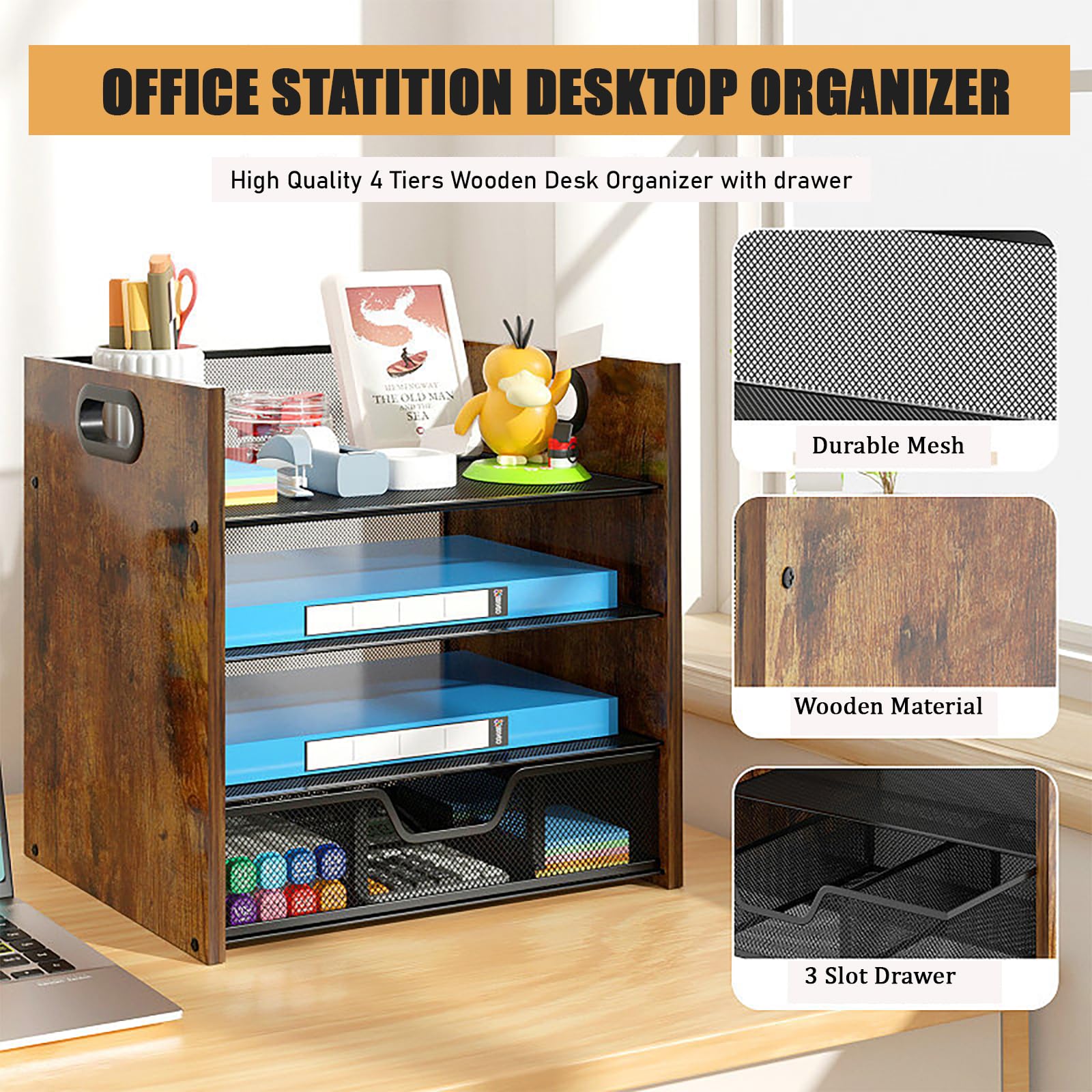 Schreibtisch-Organizer aus Holz – 4-stöckiger Schreibtisch-Organizer mit Schublade, Holz-Papierablage, Büro-Schreibtisch-Organizer für Papiere, Post, Notizbücher, Schreibwaren