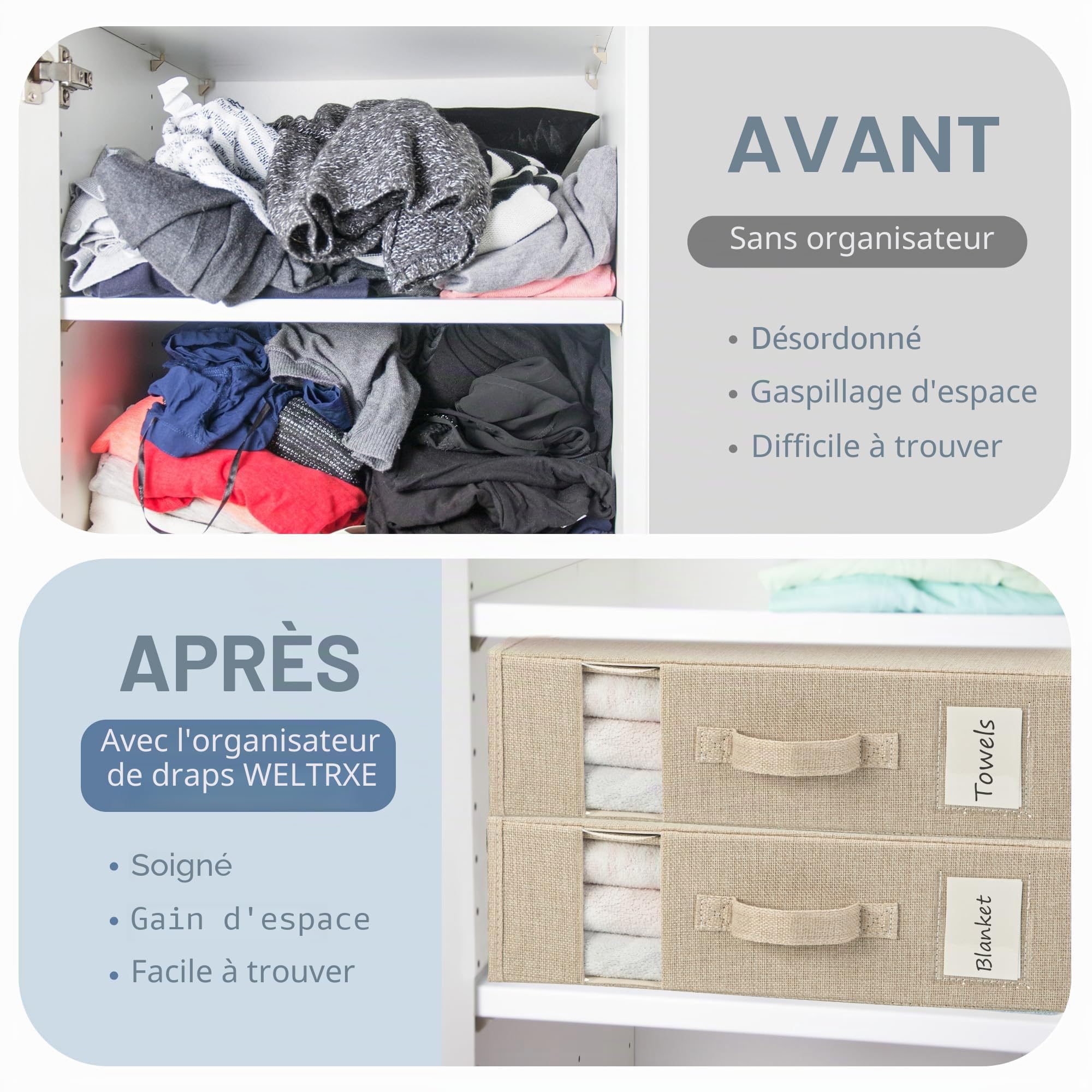 Sac de Rangement pour Draps de Lit, Lot de 4 Organisateurs de Literie Pliables, Rangement Pratique de la Literie et des Couvertures pour Lits King et Queen Size, Beige