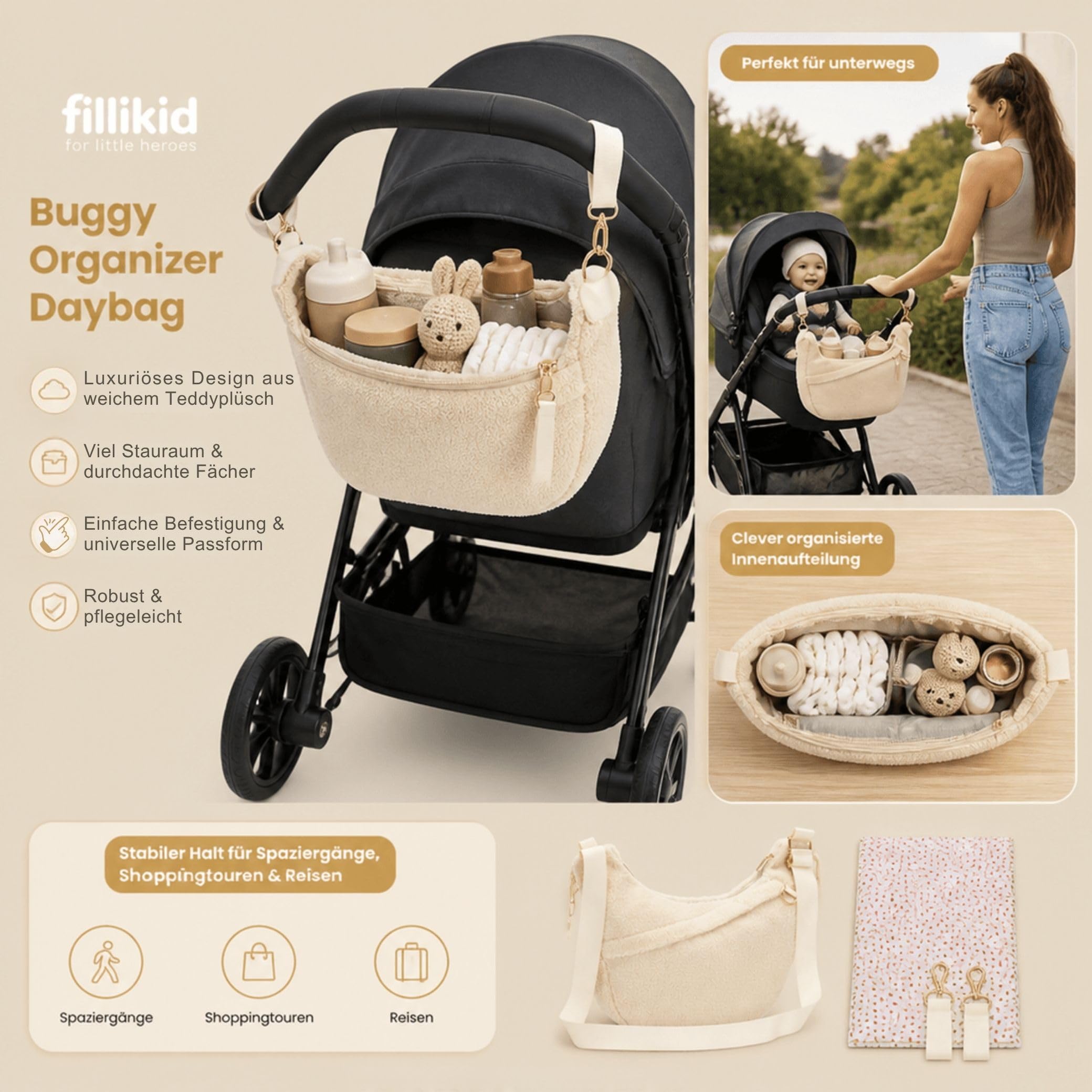 Fillikid Buggy Organizer Daybag | Stilvolle Kinderwagen-Tasche aus Teddyplüsch | Weich & luxuriös | Mit praktischer Fächeraufteilung | Ideal für Windeln, Snacks & mehr | Einfache Befestigung