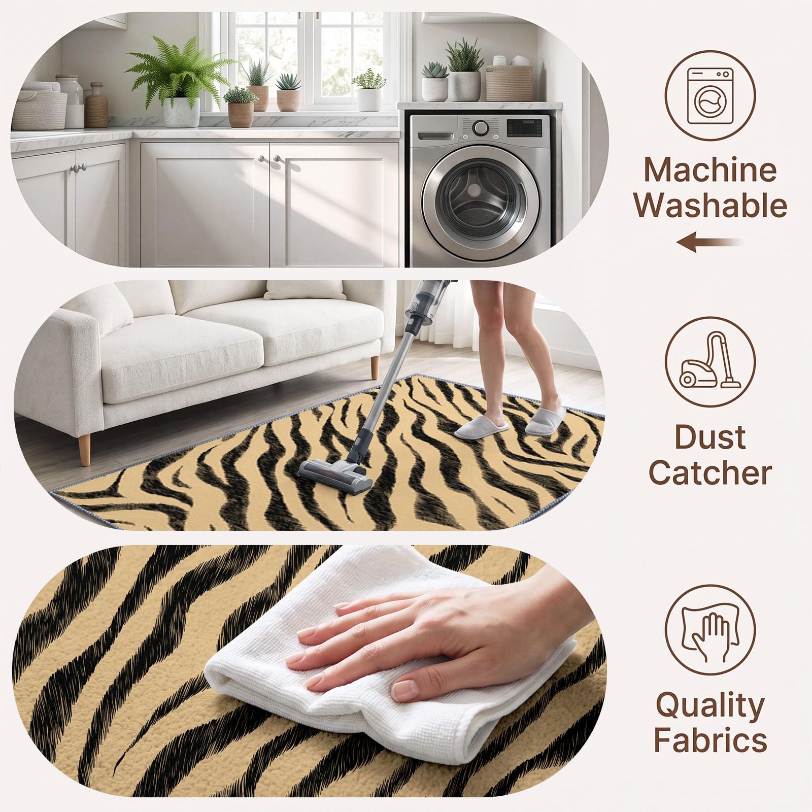 Tapis de Salon Lavable 160 x 230 cm Rayures Tigre Beige, Tapis Antidérapant à Poils Ras Imprimé Animal pour Cuisine Bureau Salle à Manger - Moquette Décoration Intérieure Chambre d'enfant