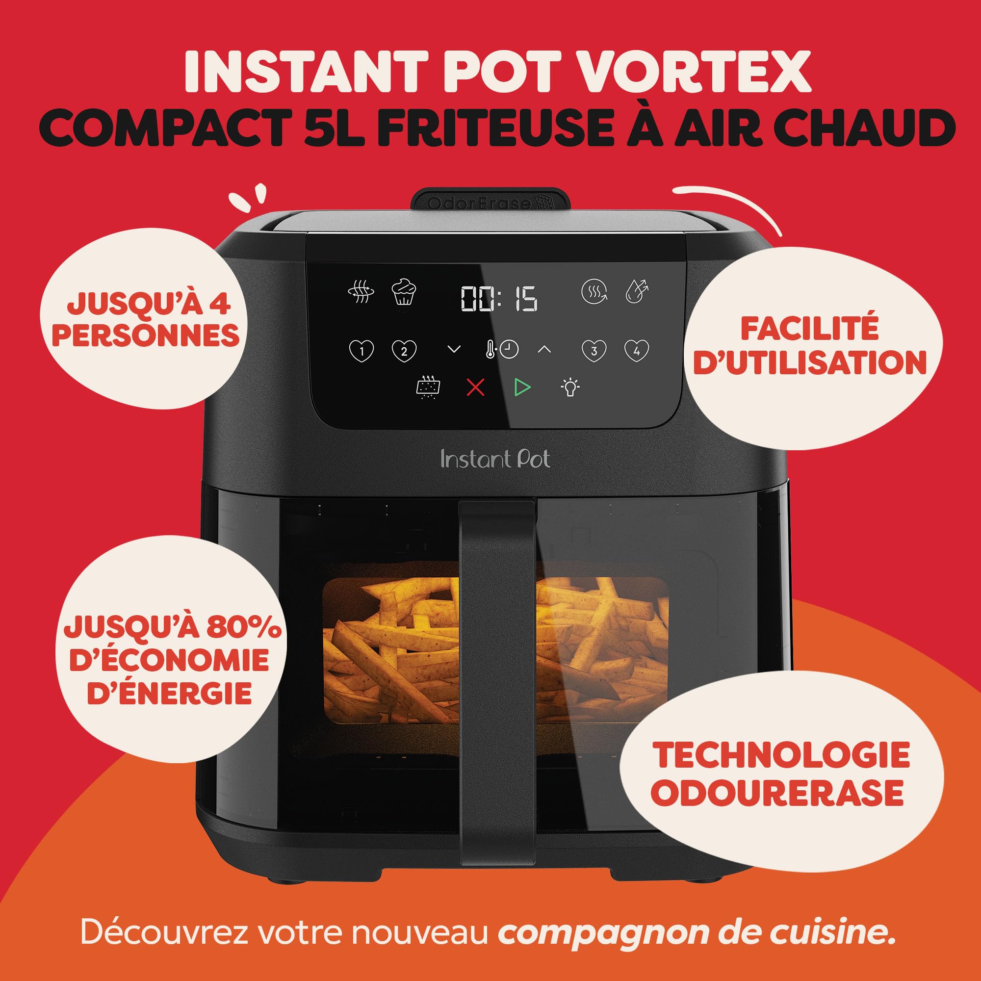 Instant Pot Vortex Compact Noir - Friteuse à air chaud 5 l, format familial, 4 en 1 - Air Fryer, séchage, cuisson, réchauffage, revêtement antiadhésif, facile à nettoyer, lavable au lave-vaisselle