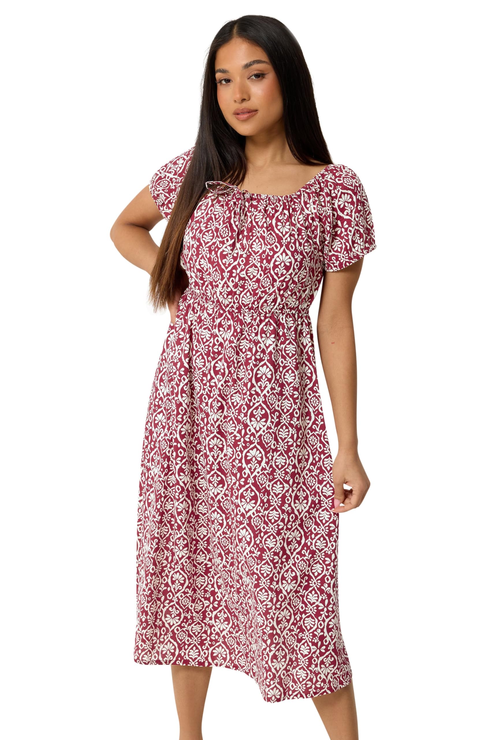 M&Co Women's Petite Printed Midi Dress - Size 12 - Dark Red