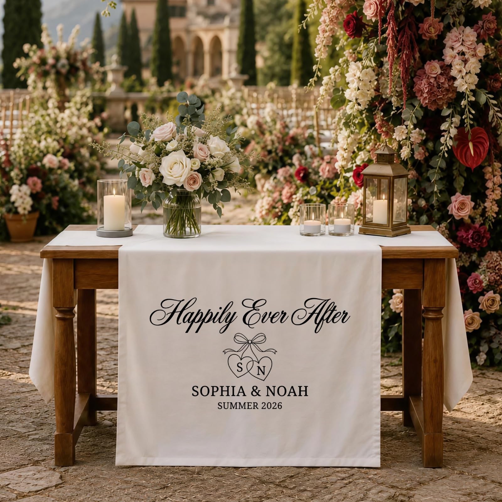 Personalized Wedding Table Runner With Custom Name And Date, Rustic Cotton Linen Tablecloth For Reception, Bridal Shower Decor, Engagement Party Centerpiece