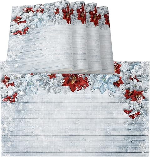 Christmas Wood Flower Placemats for Dining Table Set of 6, Cotton Linen Cloth for SquareRectangleRound Table Mat Placemat, Kitchen Dinner Holiday
