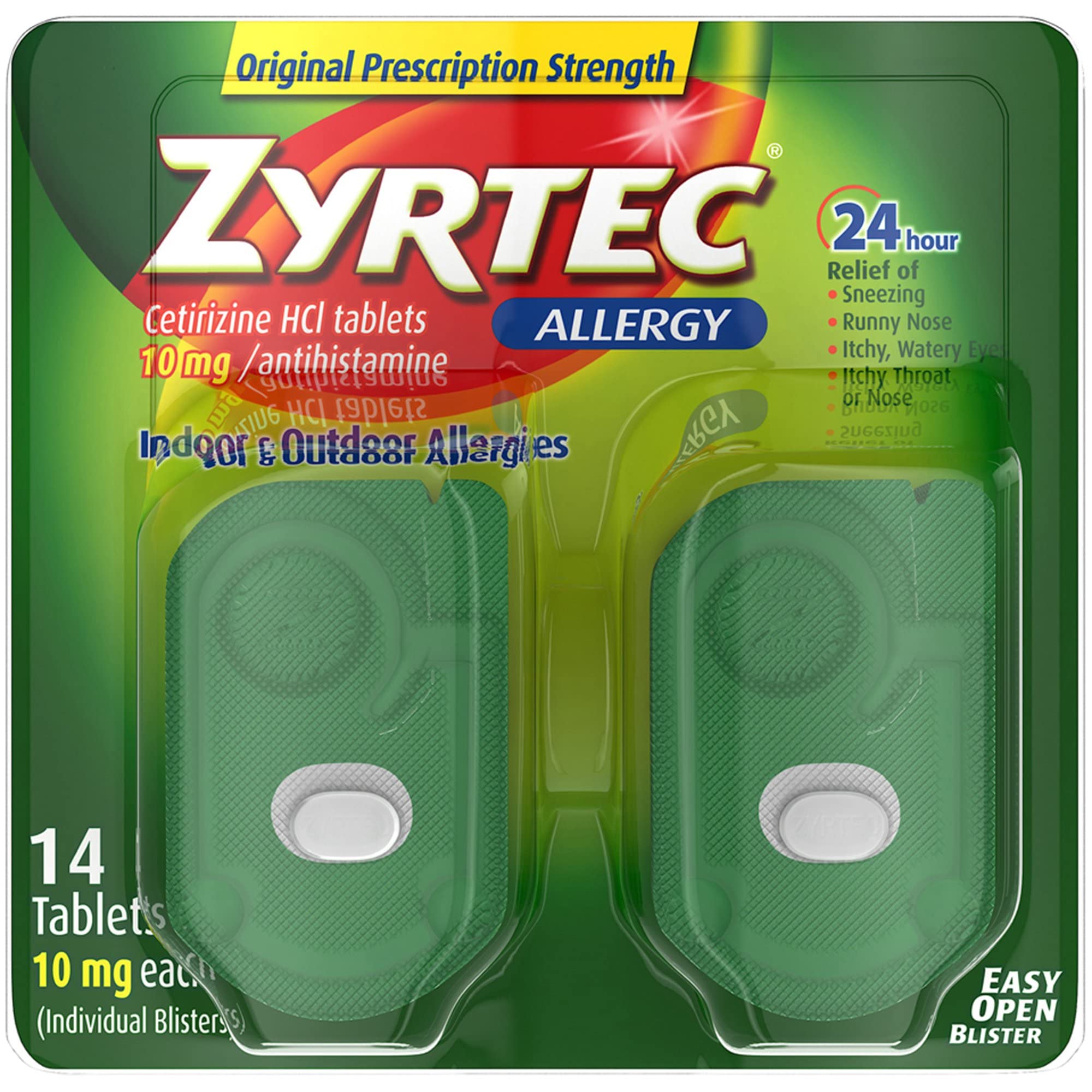 Zyrtec 24 Hour Allergy Relief Tablets, Antihistamine Allergy Medicine with 10 mg Cetirizine HCl, 14 Count (Pack of 1)