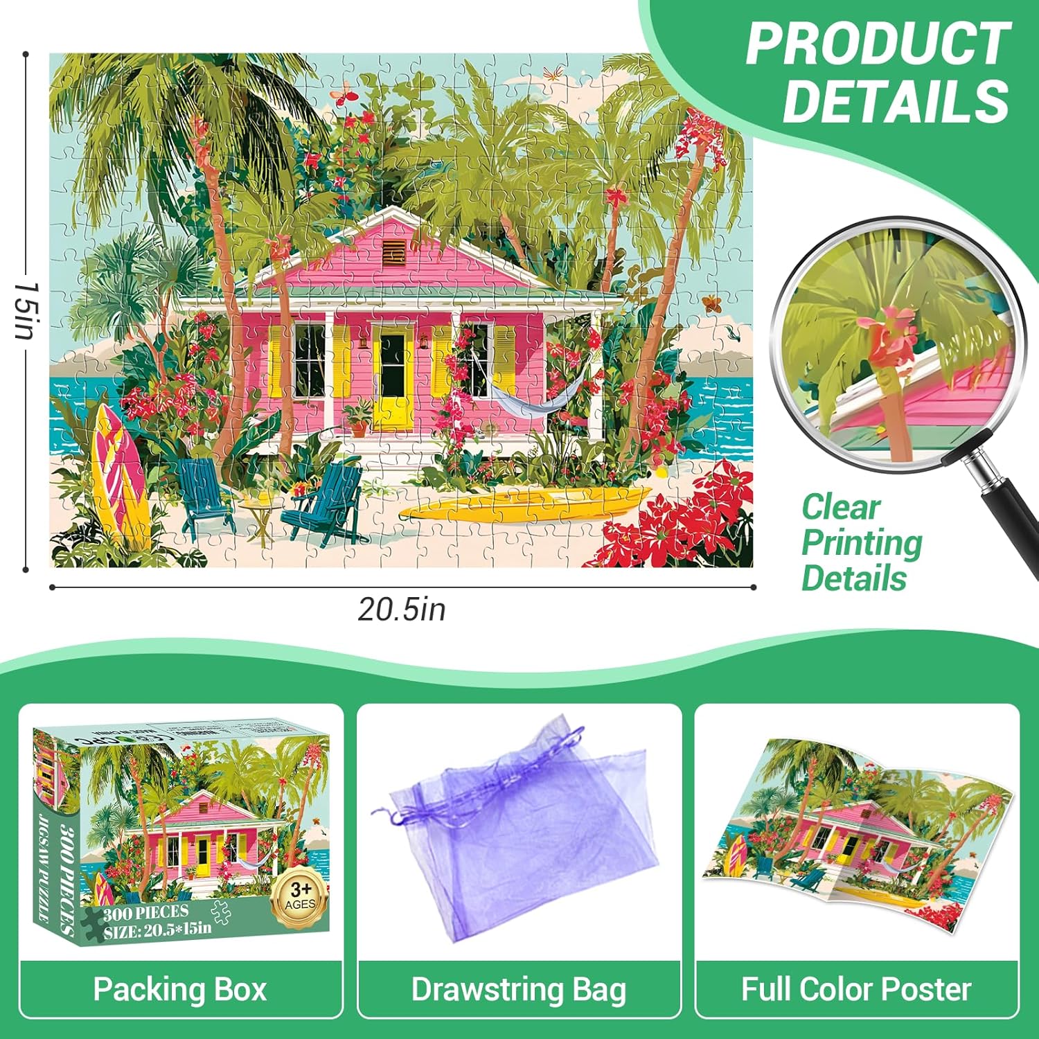 300 Piece Puzzles for Adults, Beauty Seaside Cottages Jigsaw Puzzles for Adult, Artwork of Beach with Surfboards and Ocean Puzzle, Leisure Puzzles for Friends, Game Nights Gifts, 20.5×15 in