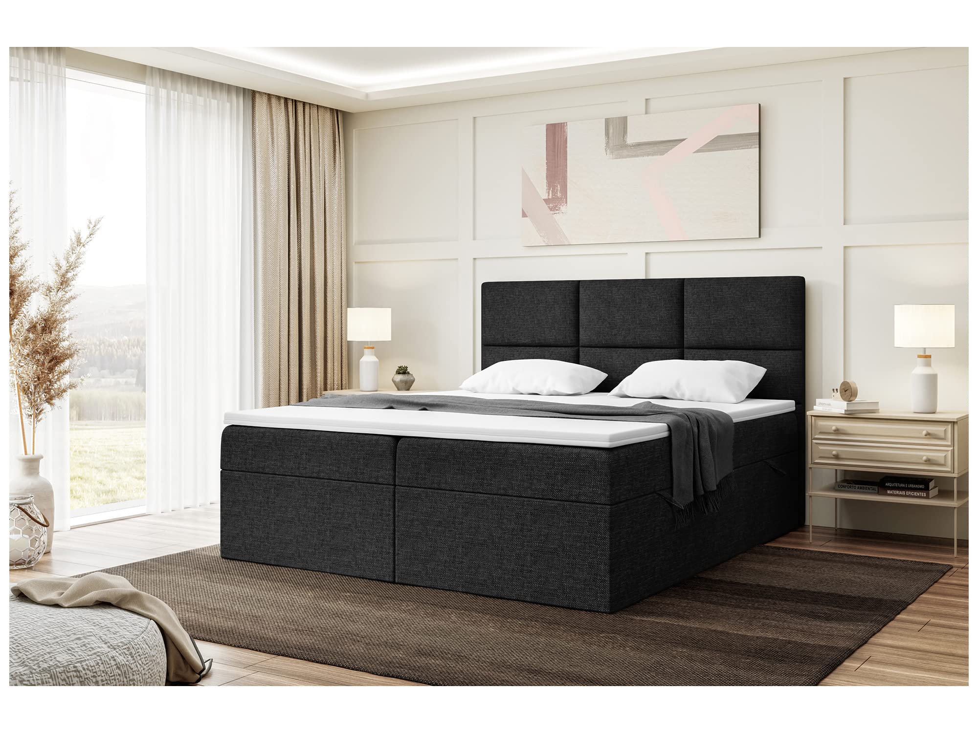 MEBLINI Boxspringbett mit Bettkasten - 200x200 - Gepolstert Doppelbett mit Matratze und Topper - Polsterbett mit Stauraum - Bett ohne Kopfteil - Stauraumbett - KYLIAN - H4/Schwarz Webstoff