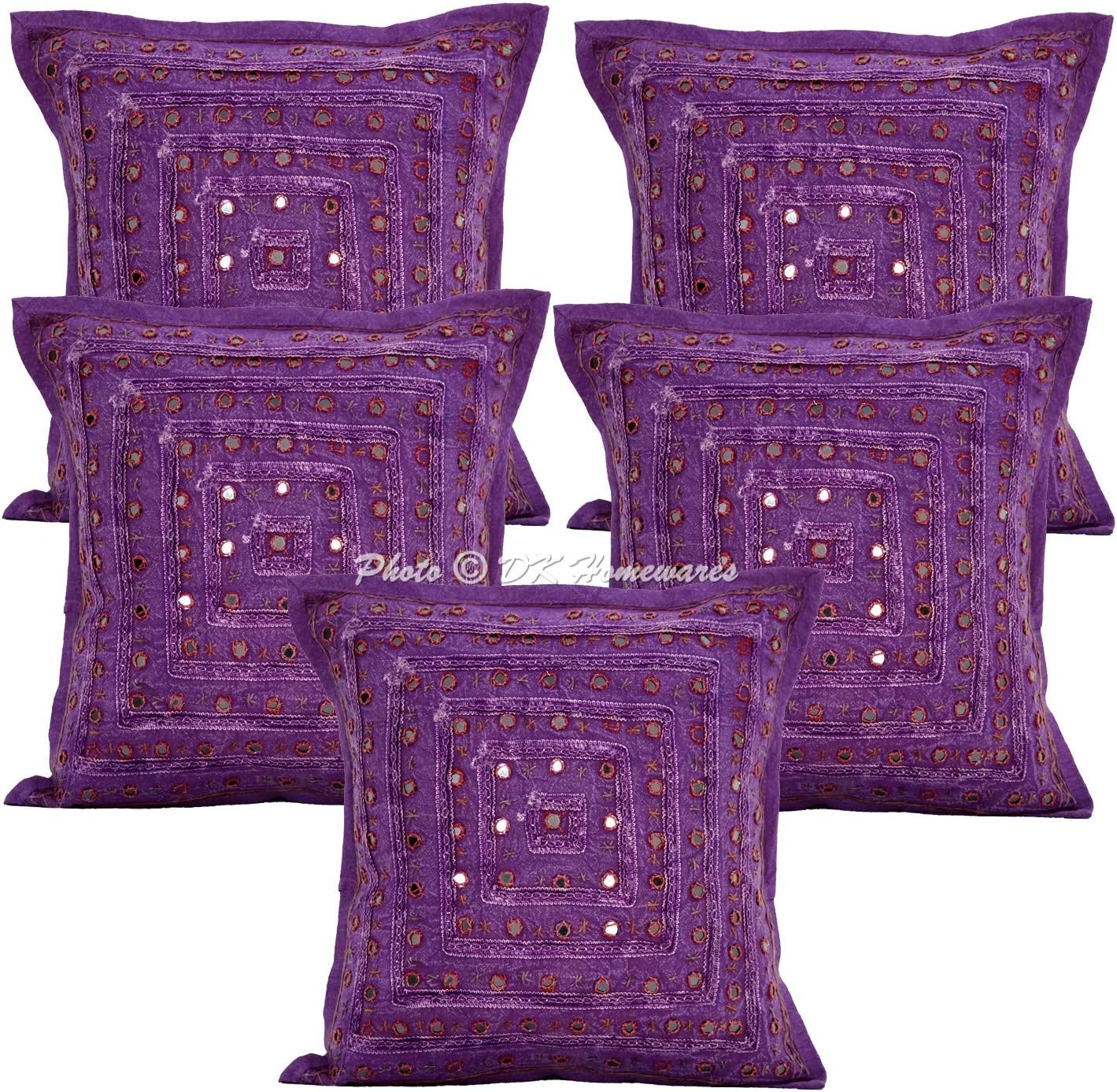 Indian Decorative Couch Throw Pillowcases 16 x 16 Inch Cotton Mirrored Embroidered Bohemian Square Toss Cushion Covers (Size - 40x40 cm ; Color: Purple) - Set of 5 Pcs (Cover Only)