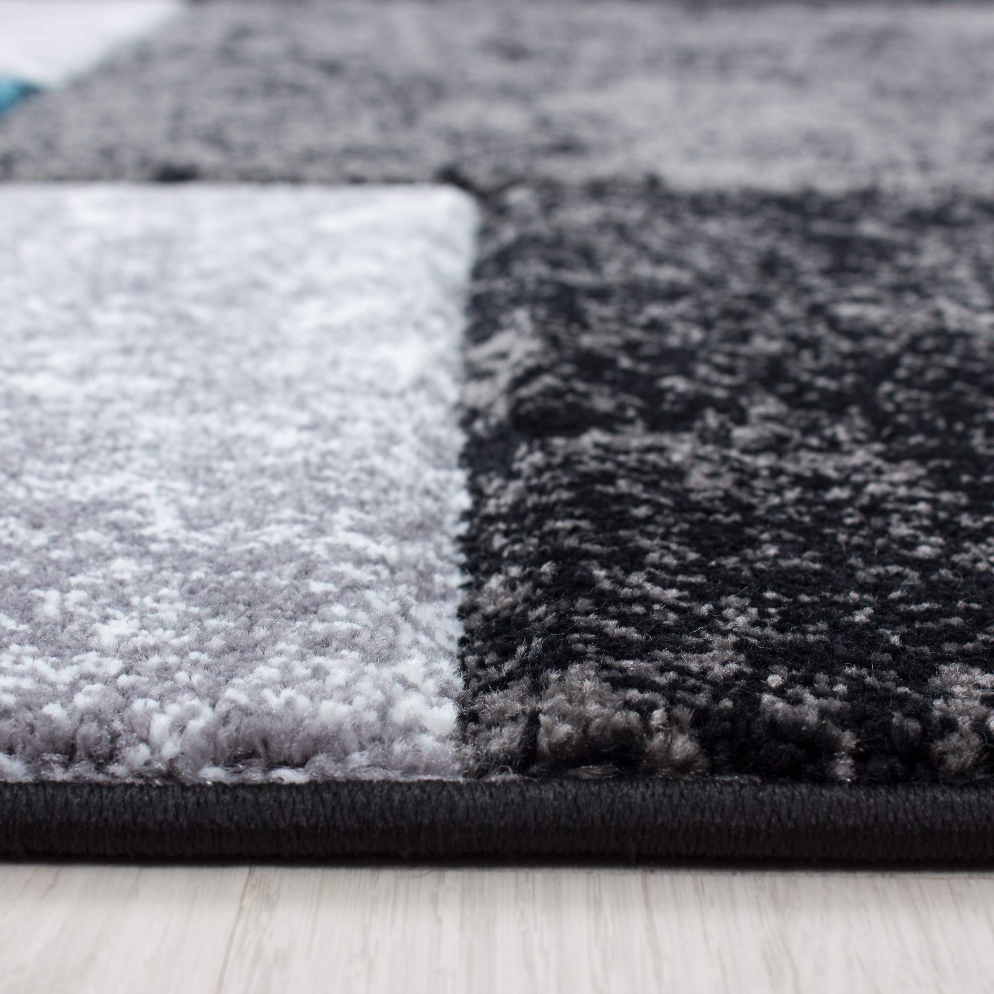 HomebyHome Teppich 120x170 cm Kurzflor Konturenschnitt in Schwarz Grau Blau Kariertes Design, Extra Weich, Waschbar, Pflegeleicht Für Wohnzimmer, Schlafzimmer, Esszimmer