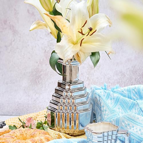 Miniatura 8 de Florero de cerámica decorativo a cuadros grandes del diseño de la tela escocesa del mosaico plateado, 9,5 pulgadas