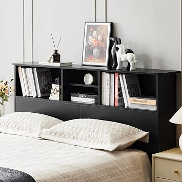 Howjoe Bookcase Headboard Queen Size, Sturdy and Durable Wood Headboards with 4 Compartments, Full/Queen Headboard with Storage, Free Standing Headboards with Adujstable Bookshelf, Black