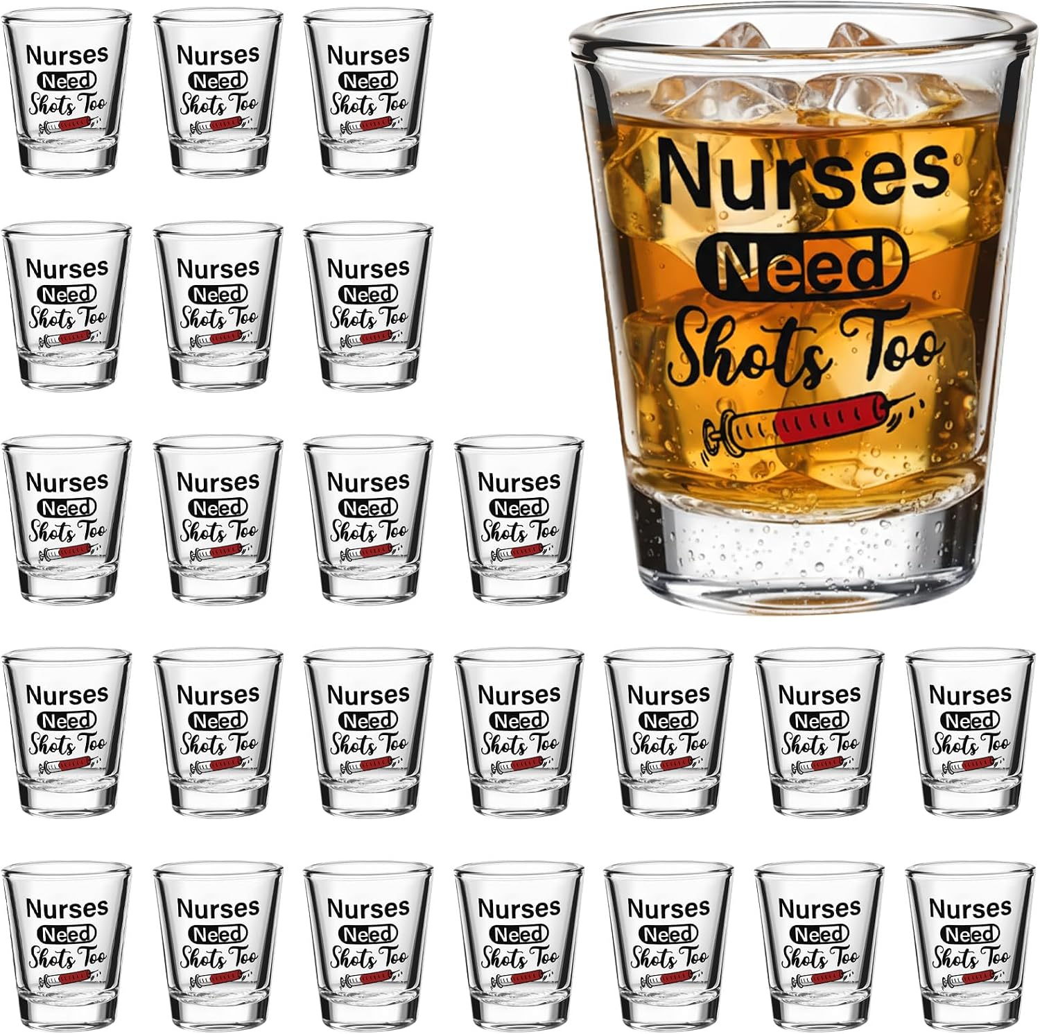 Patelai 24 Pcs Nurse Need Shots Too, Funny Glass Gift for Women and Male Mom Sister or Friend Present for Nursing Graduation Nurses Day Party 2 oz (2.36 x 1.97 Inch)