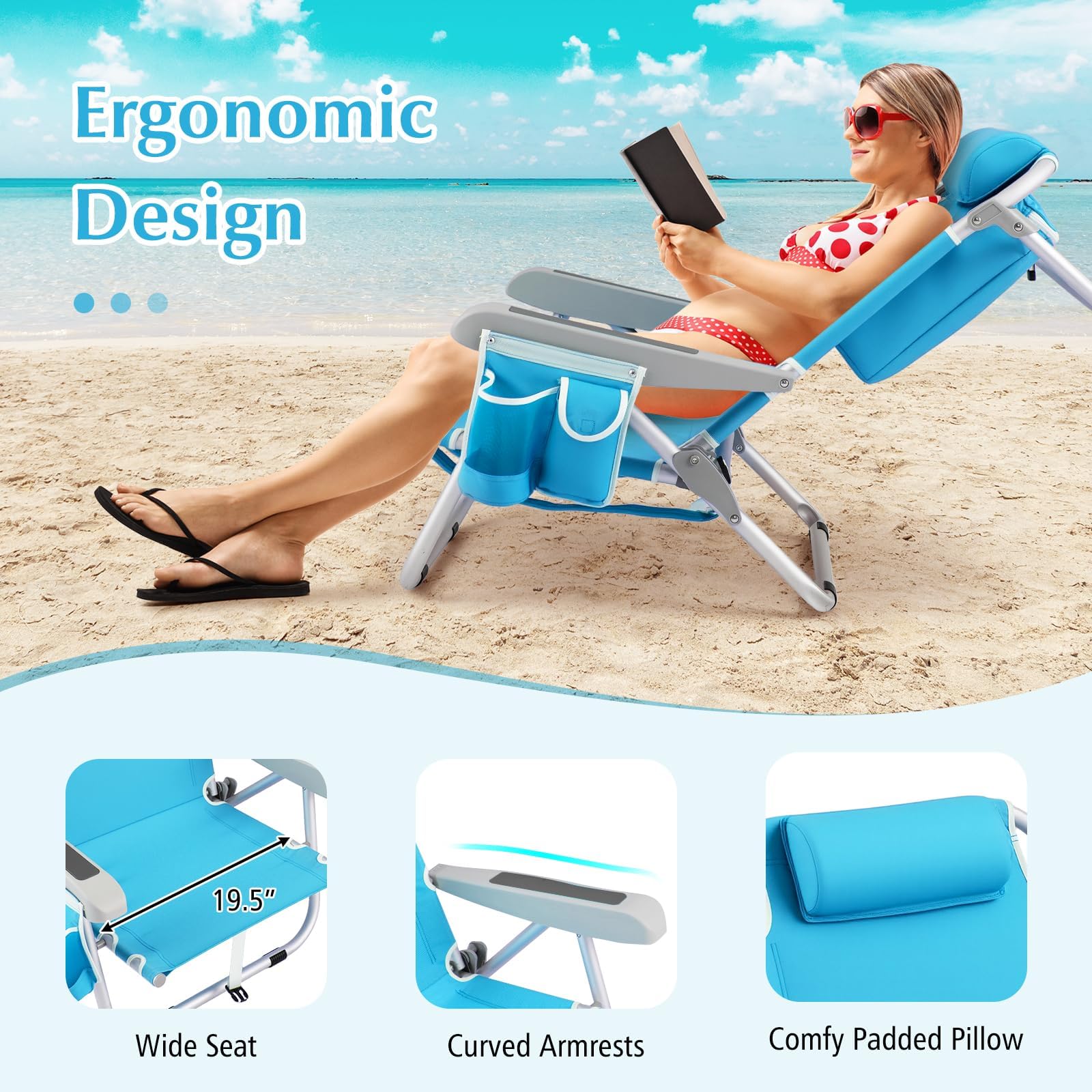 GOPLUS Chaise Plage Pliant pour Adulte, Camping Légère Portable en Alu., Dossier Réglable 5 Positions, Sangles Épaule,Sac Rangement, Porte-Serviettes,à Plat,Max.150KG (2, Bleu, 66 x 65 x 78 cm)