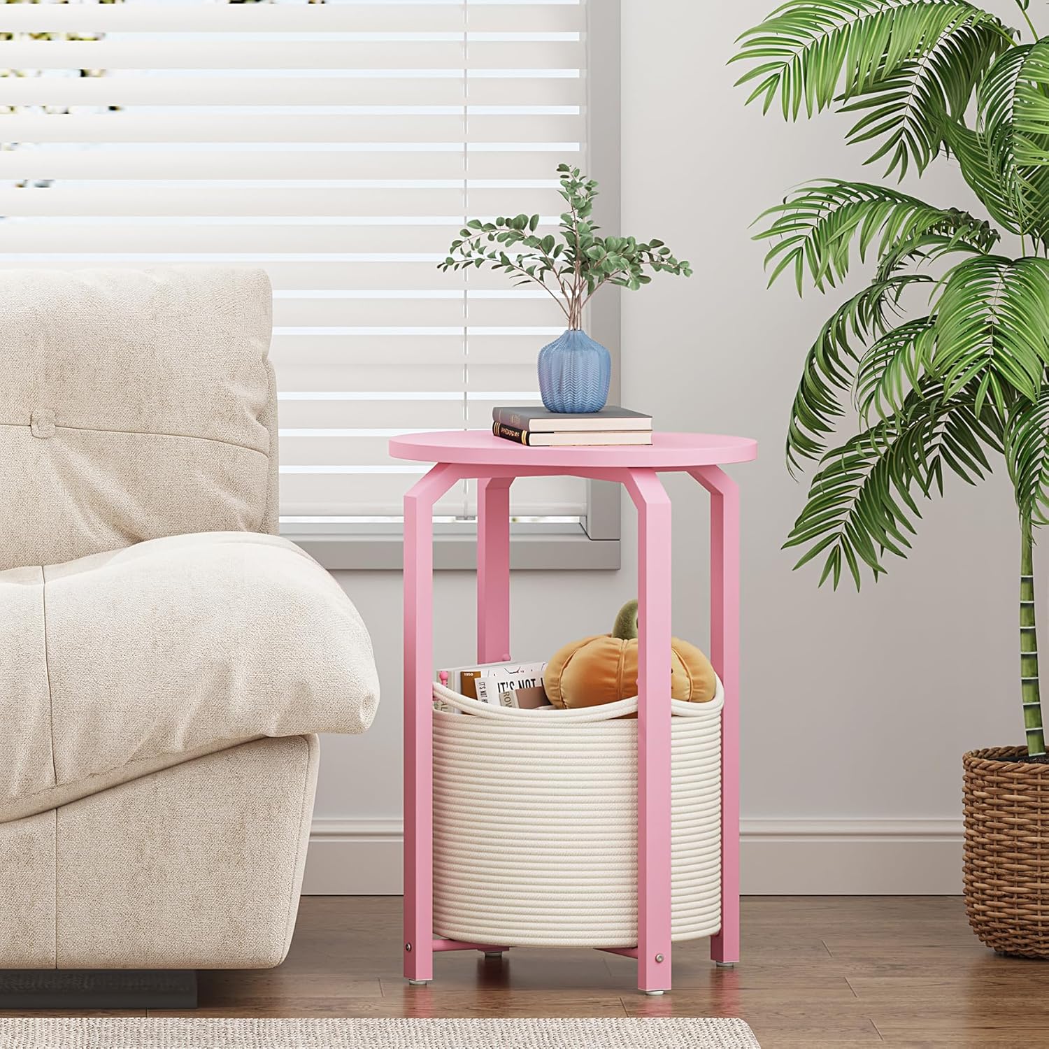 TUTOTAK Small Side Table, Oval End Table, Night Stand, Bedside Table, Sofa Table with Storage Basket, Living Room, Bed Room, Pink TB01BP093