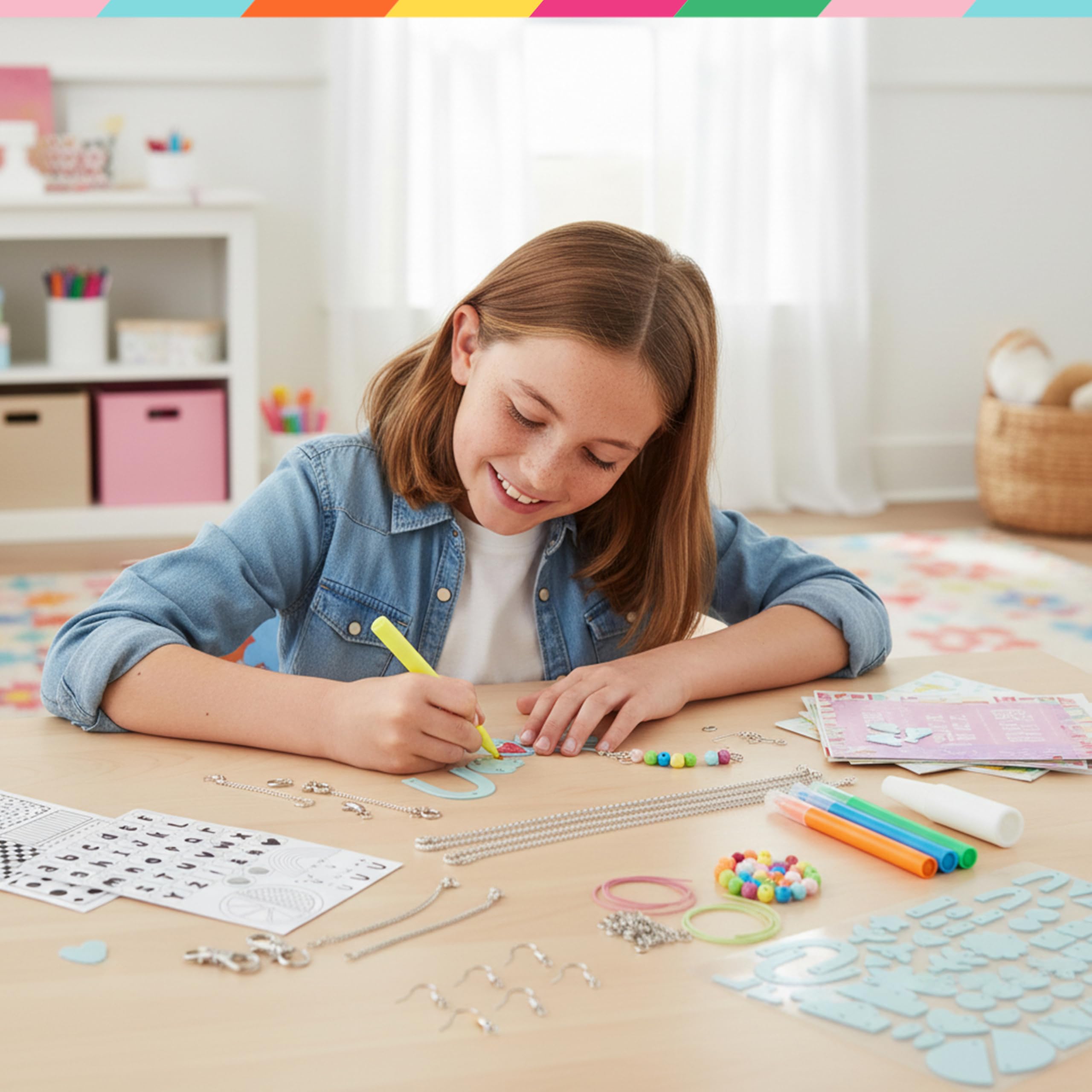 Bright Stripes Shrinkadoo Schmuckherstellungs-Set für Kinder ab 8 Jahren, schrumpfendes Kunststoff-Schmuck-Set mit 90 vorgeschnittenen Teilen, Markern, Ketten und Fundstücken, lustiges kreatives