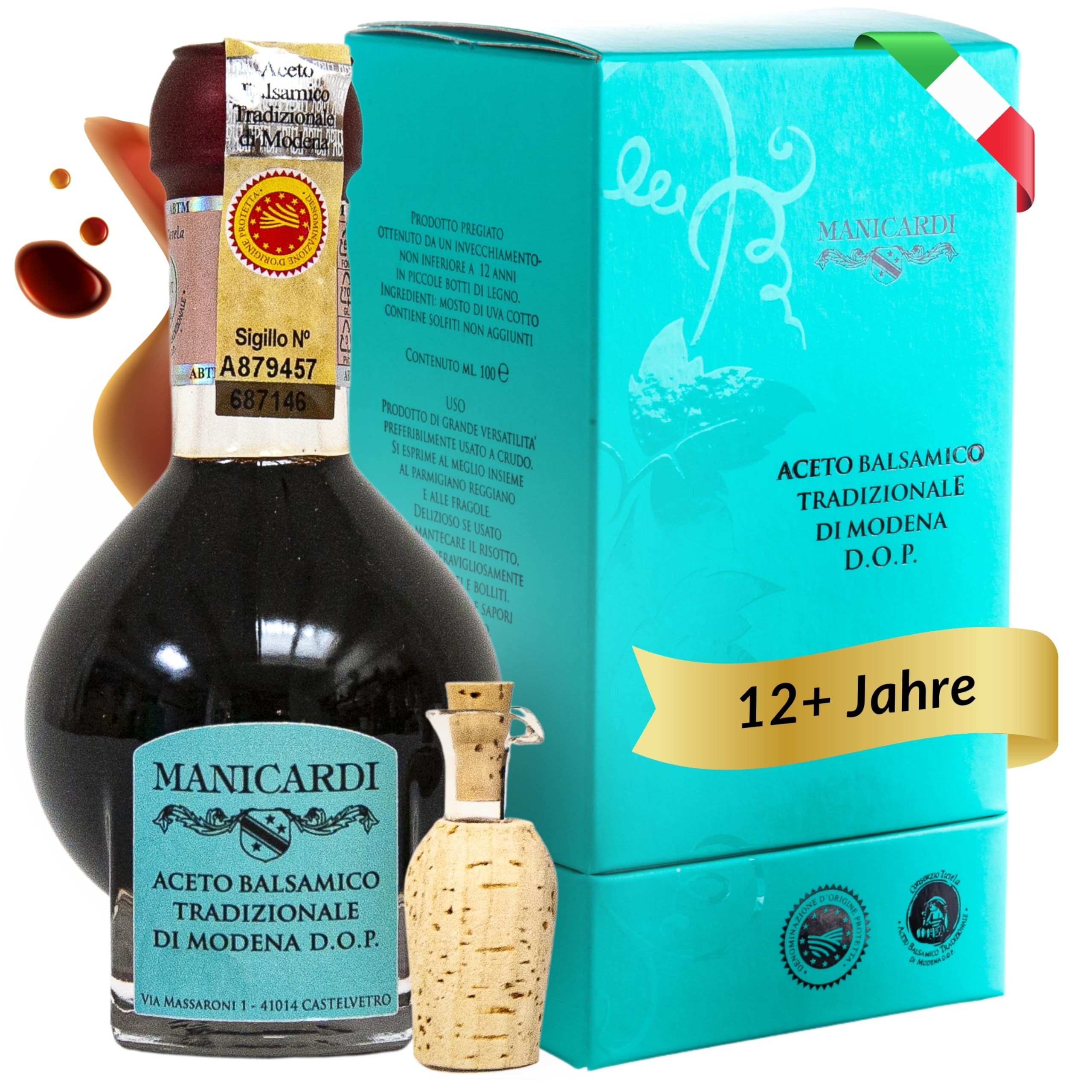 MANICARDI Aceto Balsamico di Modena g.U. Affinato – 12 Jahre gereift – Traditioneller Balsamico Essig aus Italien – Für Salate, Pasta, Fleisch & Gemüse – 100 ml