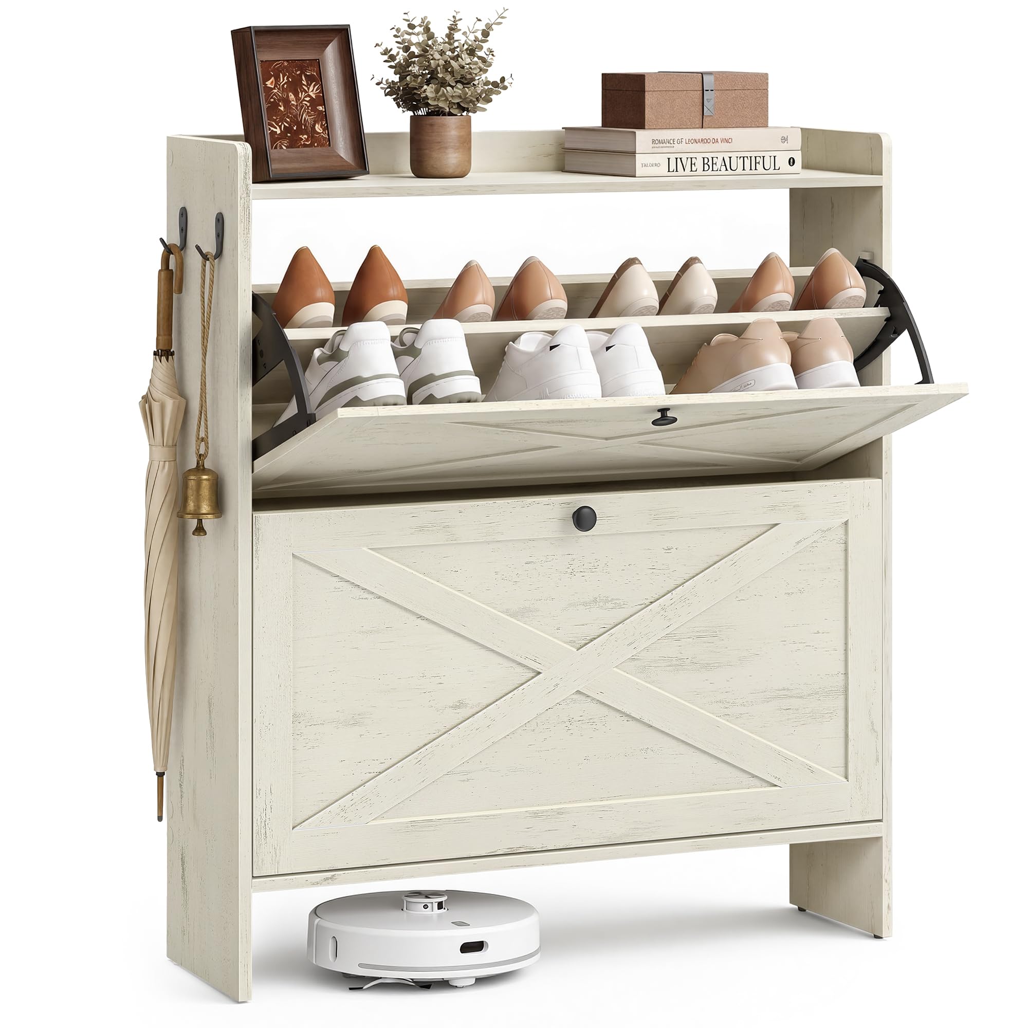 VASAGLE Scarpiera, Mobile Porta Scarpe Salvaspazio con 2 Cassetti a Ribalta e Ganci, 83 x 24 x 102,2 cm, per Ingresso, Stile Rustico, Bianco Nuvola, Collezione HAINS HSC203WJ01