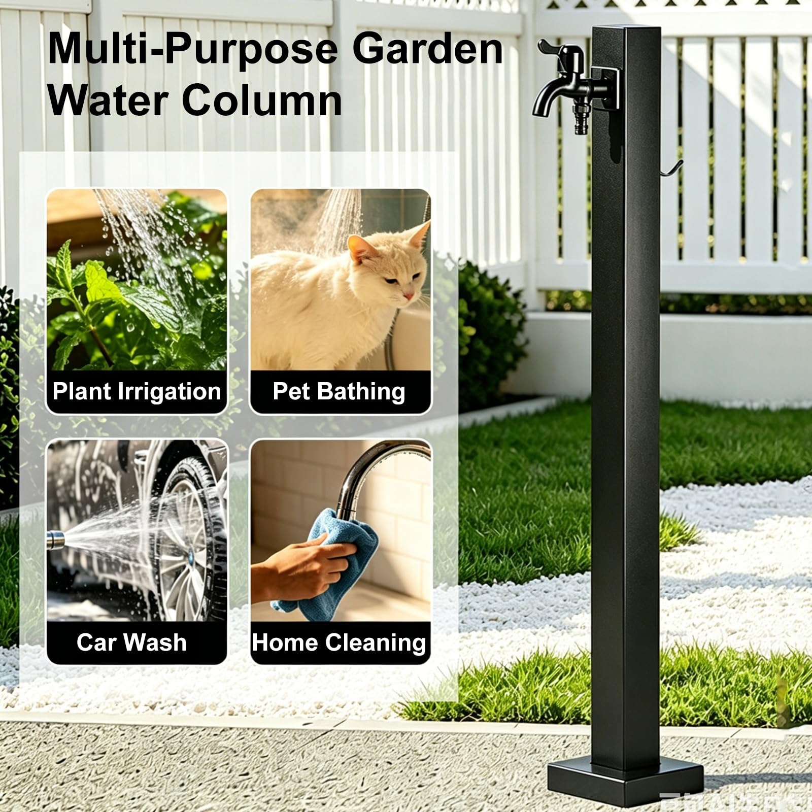 Fuente Jardin Exterior Negra, Columna de Agua para Jardín de Acero Inoxidable con Grifo y Gancho para Patio y Terraza(6x95cm/2x37in)