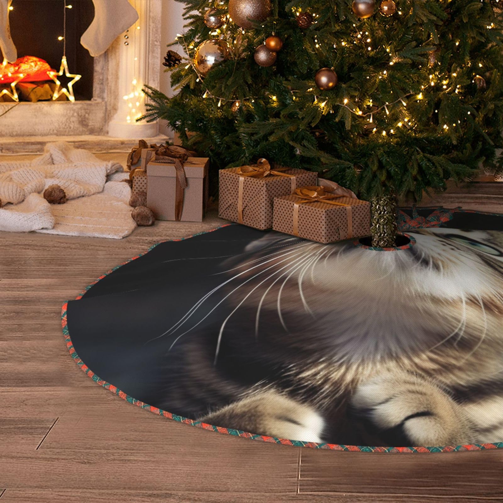 Cat Christmas Tree Skirt 48" Artificial Tree Mat Cover Merry Christmas Burlap Xmas Tree Skirt for Christmas Decoration Holiday Indoor Outdoor Winter Party Decor