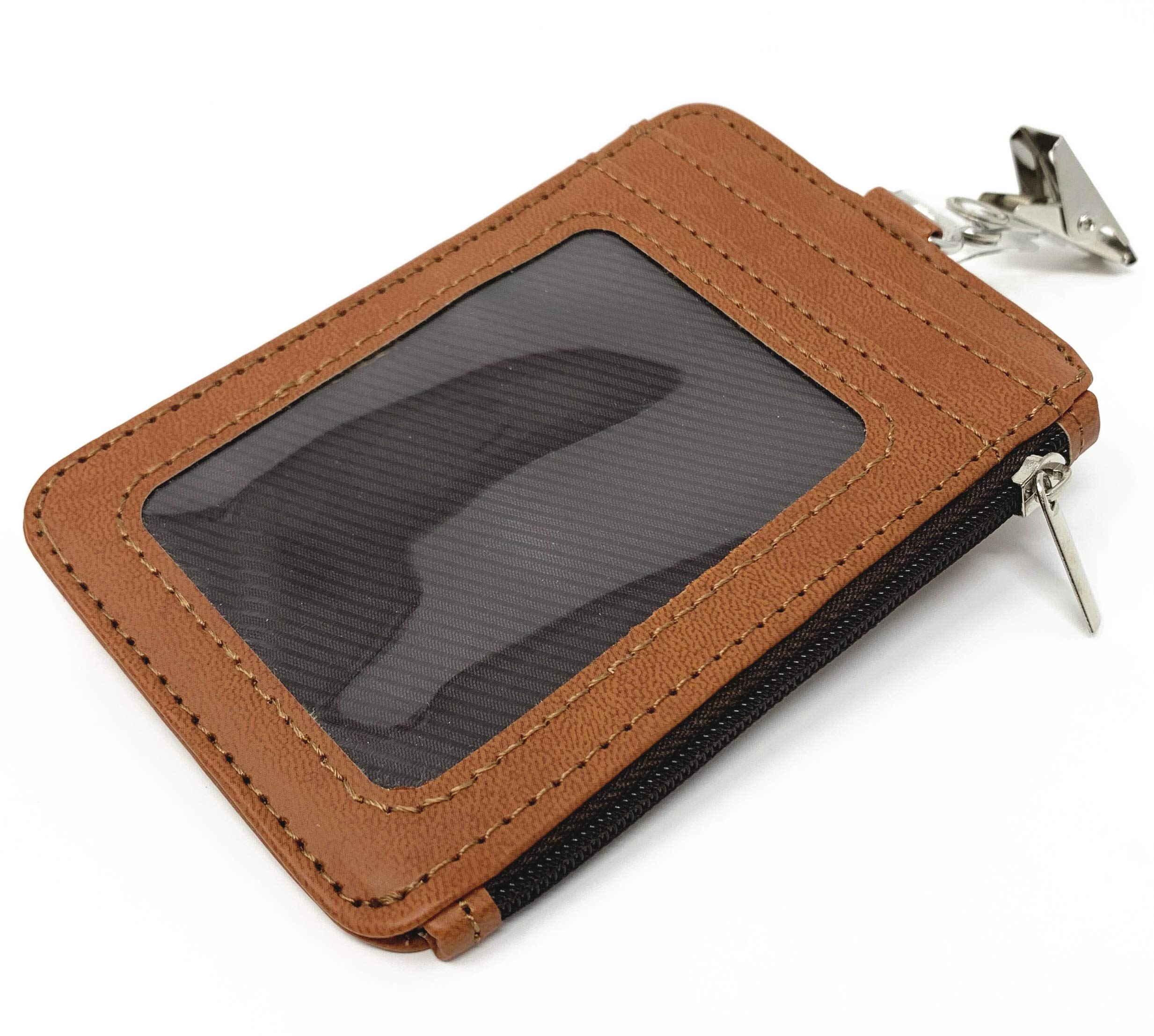 Doliphine Vertical PU Leather ID Badge Holder with 1 window, 4 card slots, and Side Zipper Pocket (Brown)