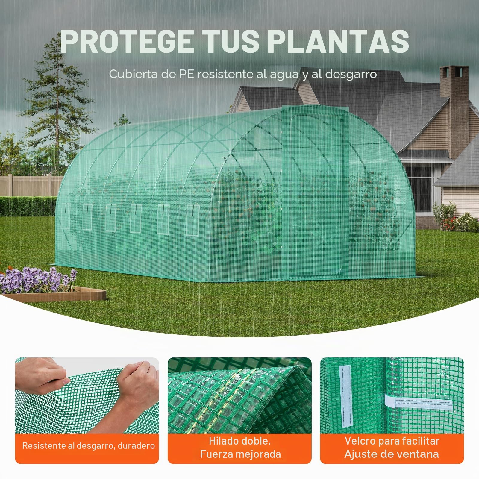 VEVOR Invernadero Túnel 590x295x225 cm Carpa Refugio para Plantas con Estructura de Acero Galvanizado Cubierta de PE Verde Puerta Enrollable con Cremallera 8 Ventanas para Cultivo de Verduras Flores