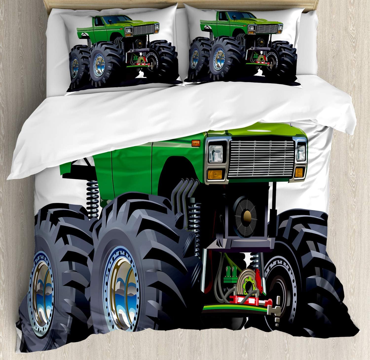 Ambesonne Cars Duvet Cover Set, Giant Monster Pickup Truck Large Tires and Suspension Extreme Biggest Wheel Print, Decorative 3 Piece Bedding Set with 2 Pillow Shams, Queen Size, Green Grey Queen Green Grey