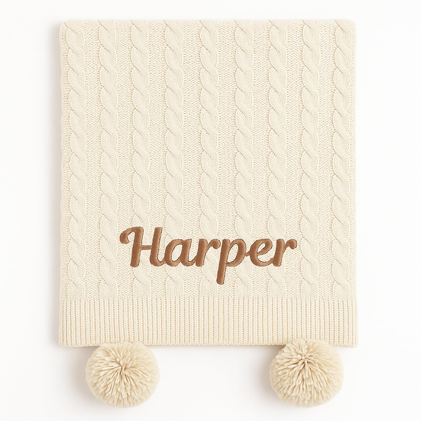 Baby Boy Girl Personalised Cable Knit Pom Pom Blanket Embroidered Name (Beige) โ image 1