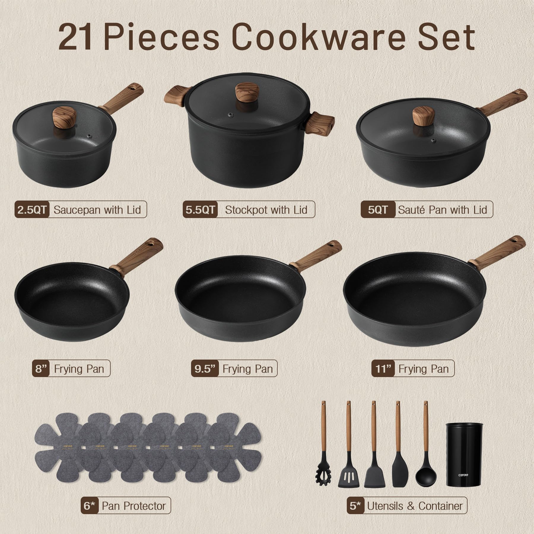 CAROTE 21 Piece Nonstick Cookware Set -2