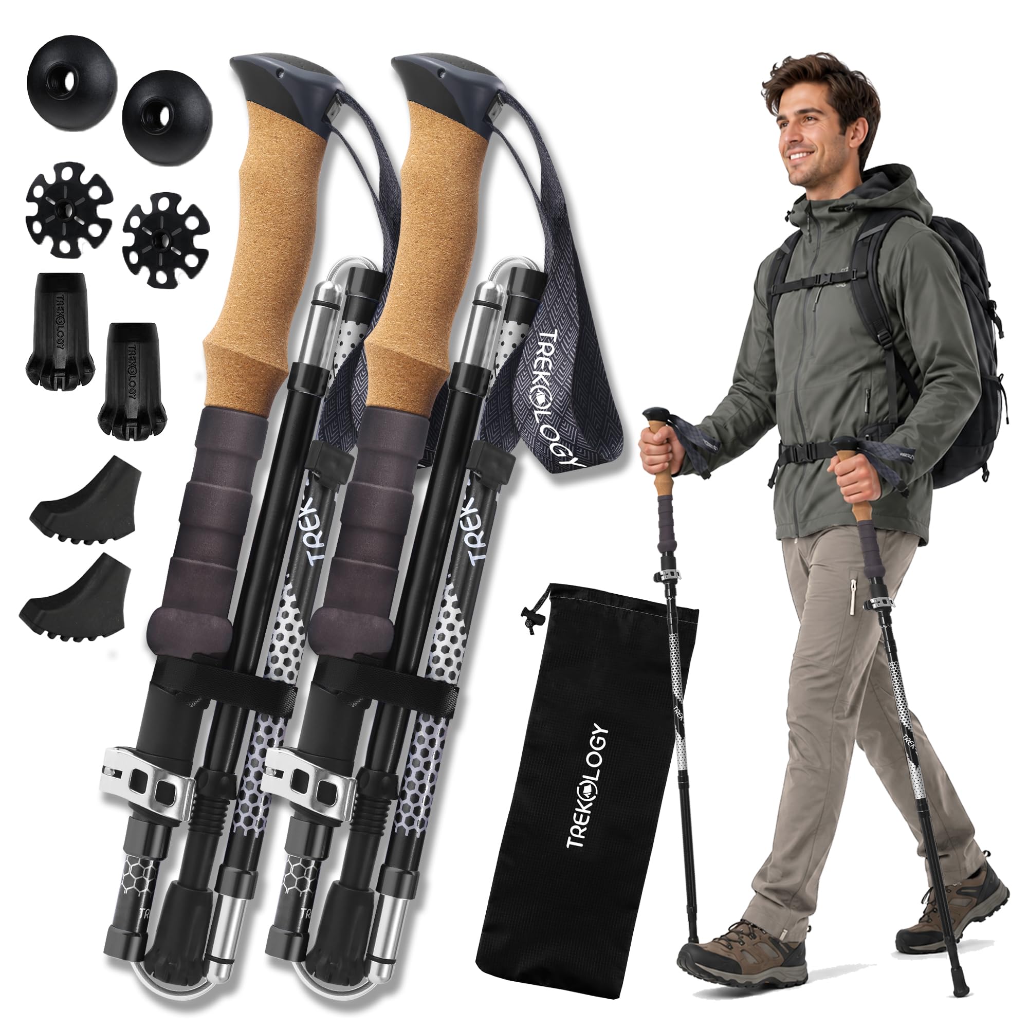 Trekology Trek-Z Hiking Trekking Poles, Walking Stick for Men, Women, 2pc | Foldable, collapsible, adjustable lightweight aluminum staff for seniors; folding, retractable for travel, trails, balance