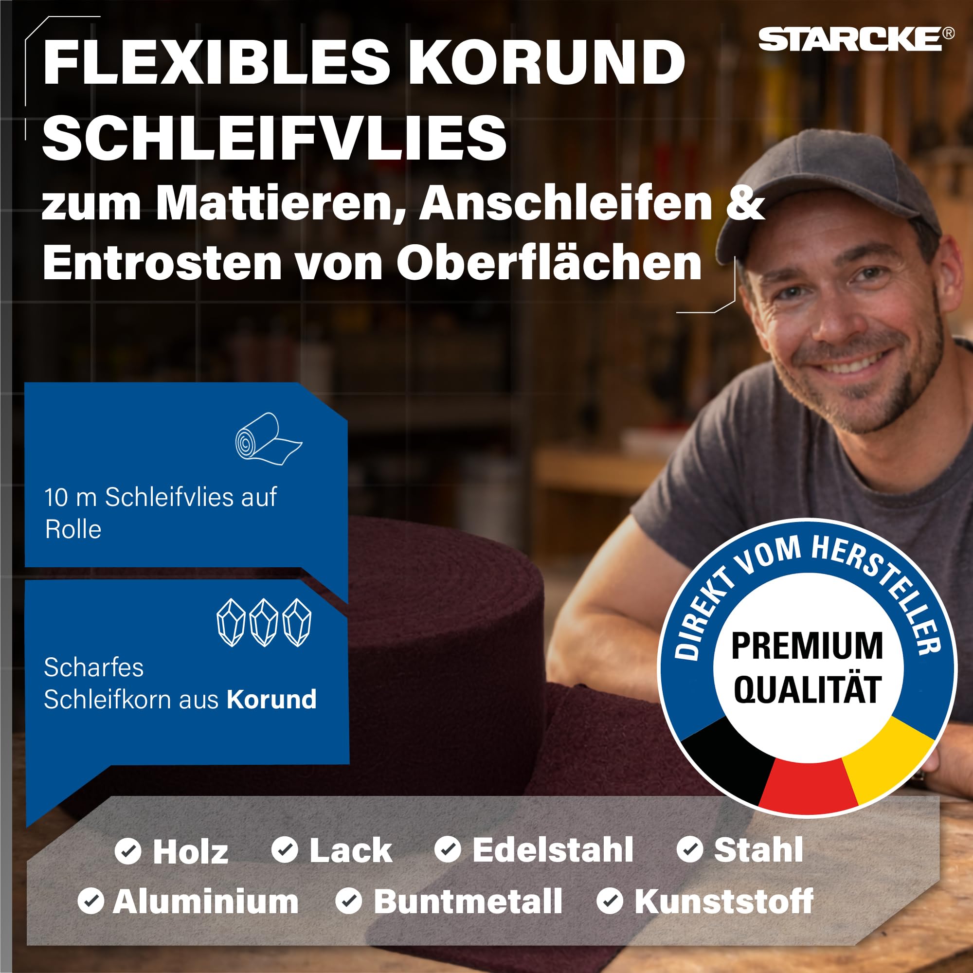 STARCKE® Schleifvlies Holz [10m x 115mm] - Schleifvlies Rolle [180-360] mit Korund - für Lack, Kunststoff, Holz bei Möbelbau, Innenausbau, Oberflächenbearbeitung (180-220)