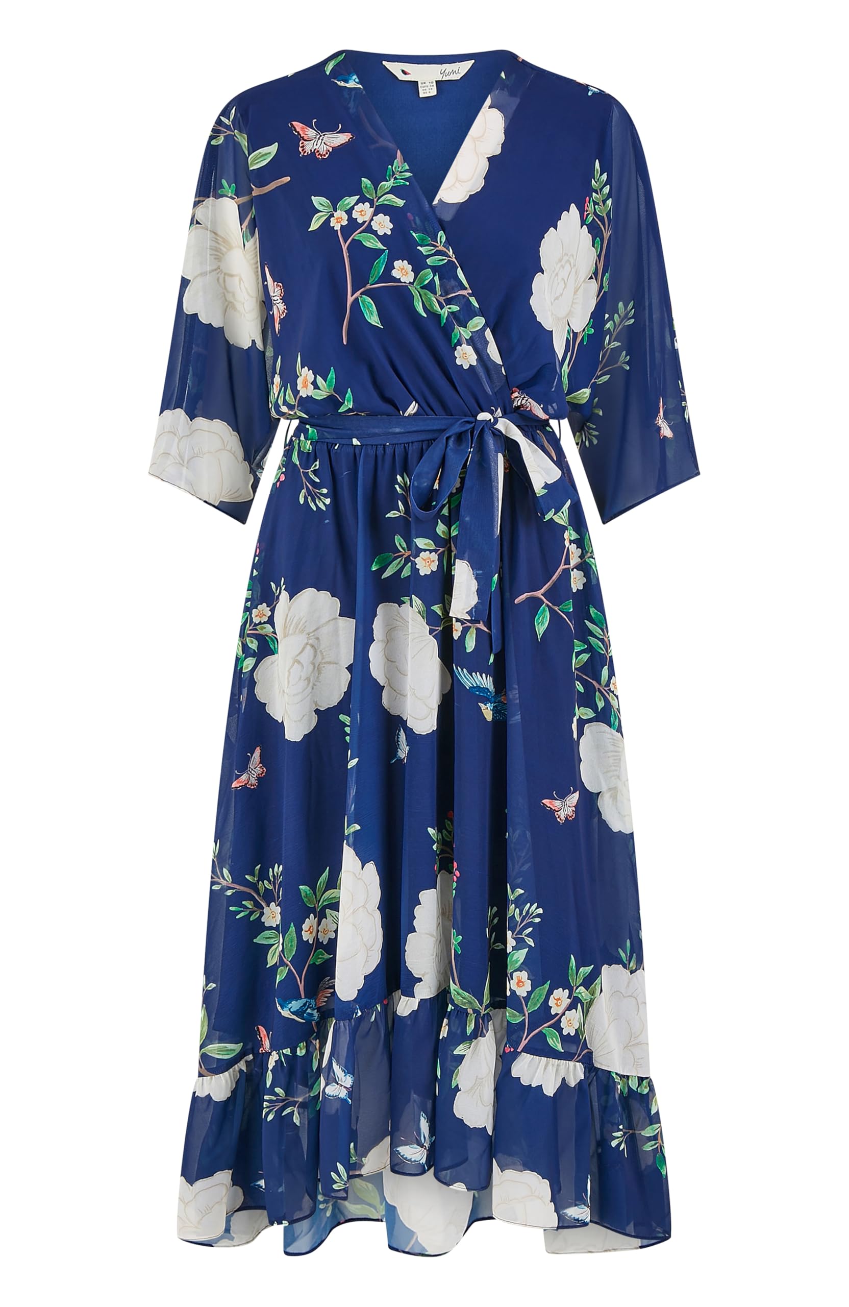 Yumi Navy Bird and Floral Print Midi Wrap Dress - Women's Size 14