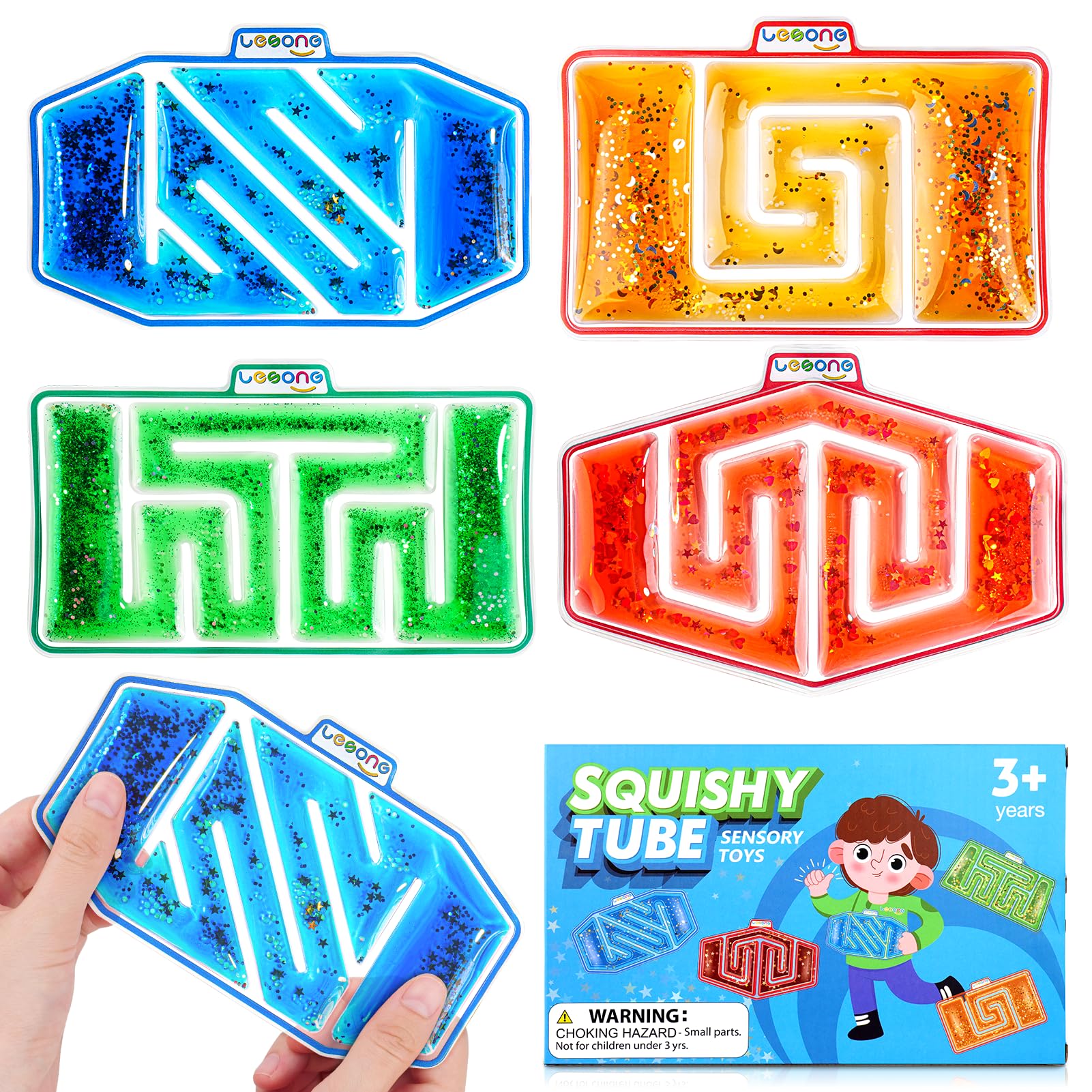 Squishy Tube Sensory Fidget Toys for Kids: 4 Pack Sensory Toy Maze Filled with Colorful Goo, Glitter, Calming Toys for Children Teens with Autism, ADHD - Stress Anxiety Release Special Needs Classroom