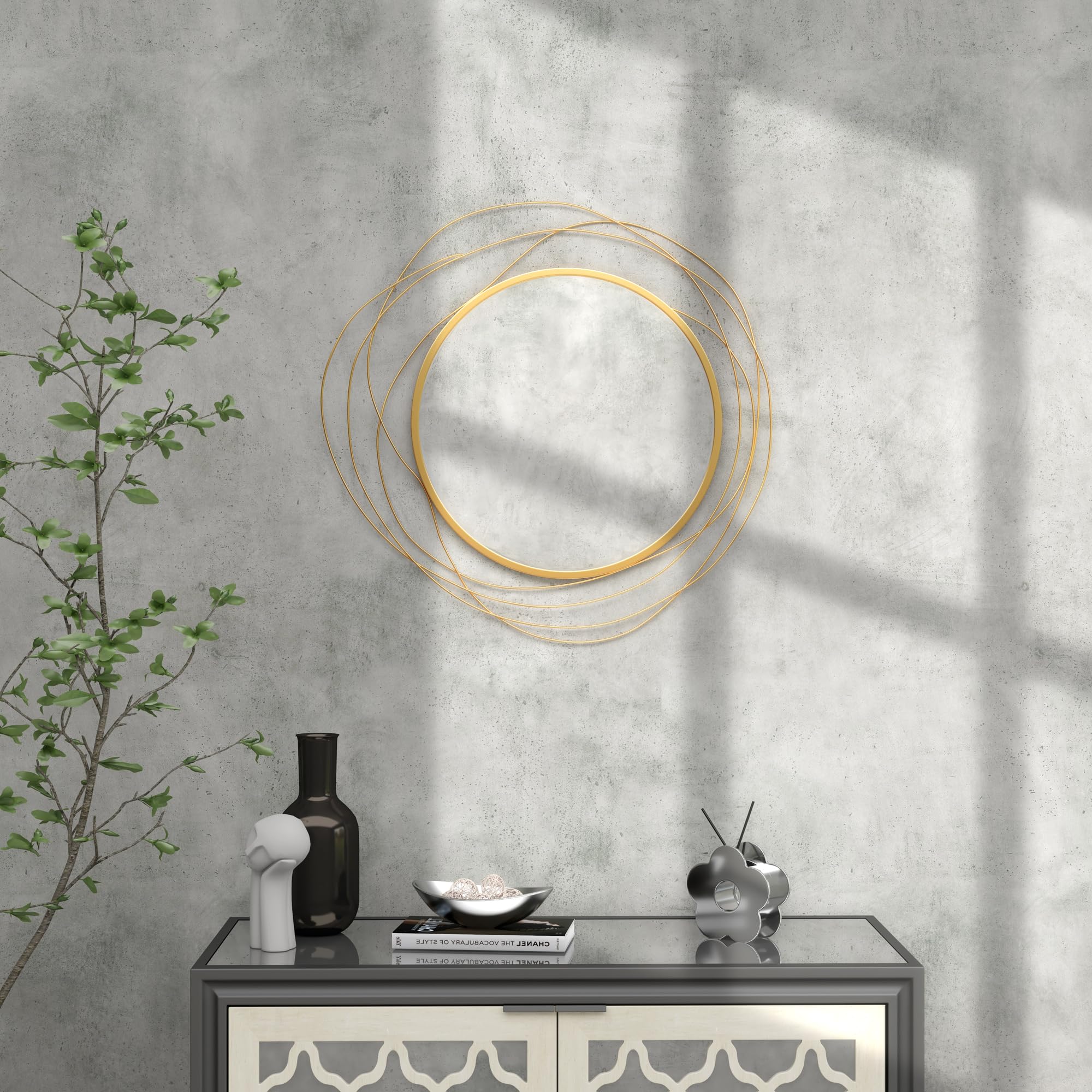 HOMCOM Wandspiegel, Ø65 cm Wandschmuck mit Spiegel, Metallrahmen, Flurspiegel, Wandkunstwerk für Wohnzimmer, Schlafzimmer, Gold