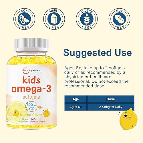 Miniatura 4 de Aceite de pescado Omega-3 para niños, 240 cápsulas blandas vegetarianas  Omega 3 vegano con 200 mg de DHA  Sabor a limón  Alternativa al aceite de