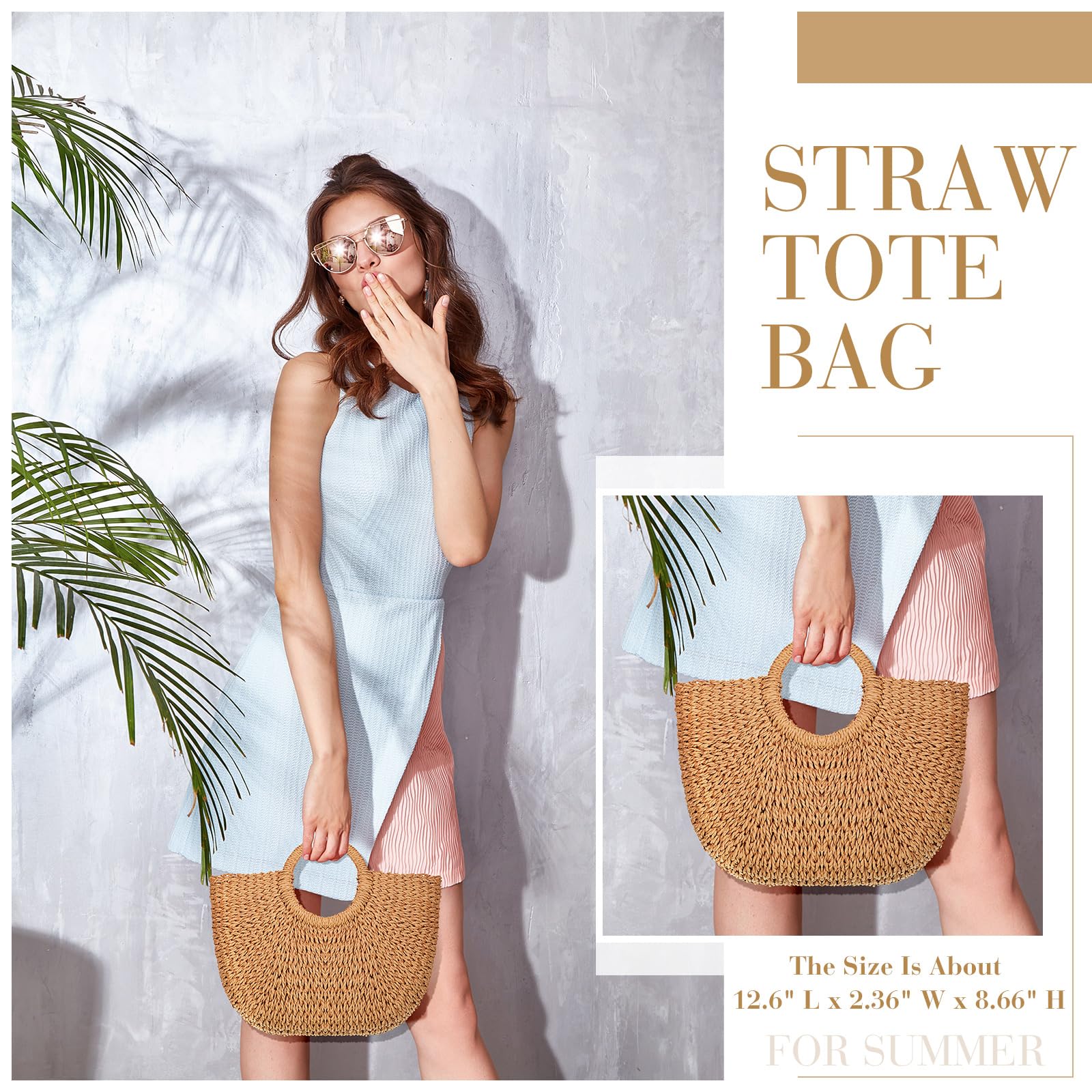 Bolso de mano de paja de verano para playa, hecho a mano, tejido de ratán de paja para mujer, viaje, Caqui 6