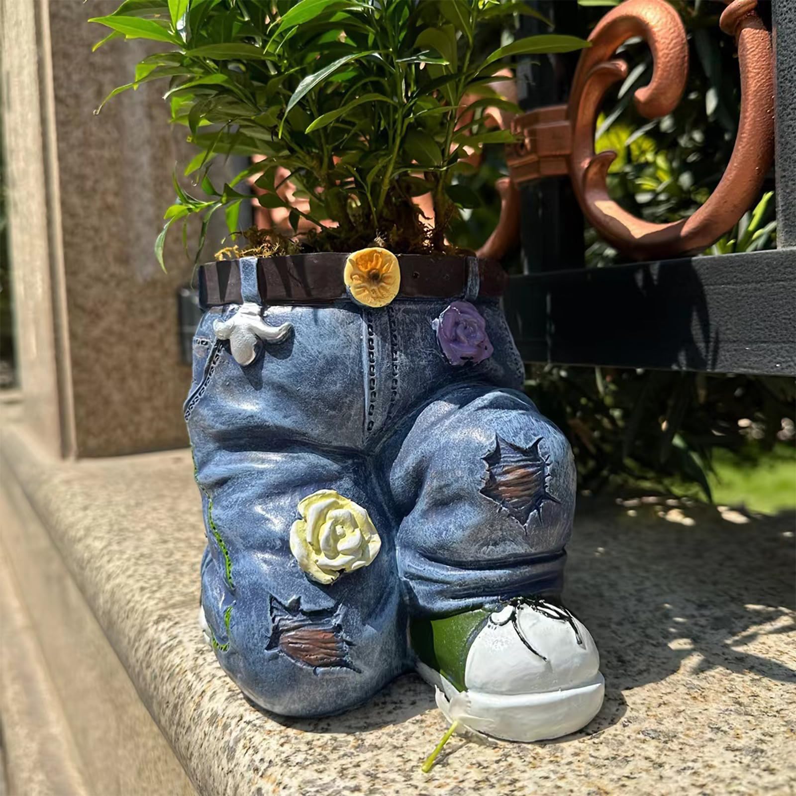 Mezclilla Jeans Macetas para plantas de jardín Macetas Retro Jeans Maceta de resina Vaquera, Maceta creativa de mezclilla, Diseño creativo en estilo retro Figura de jardín para interiores y exteriores