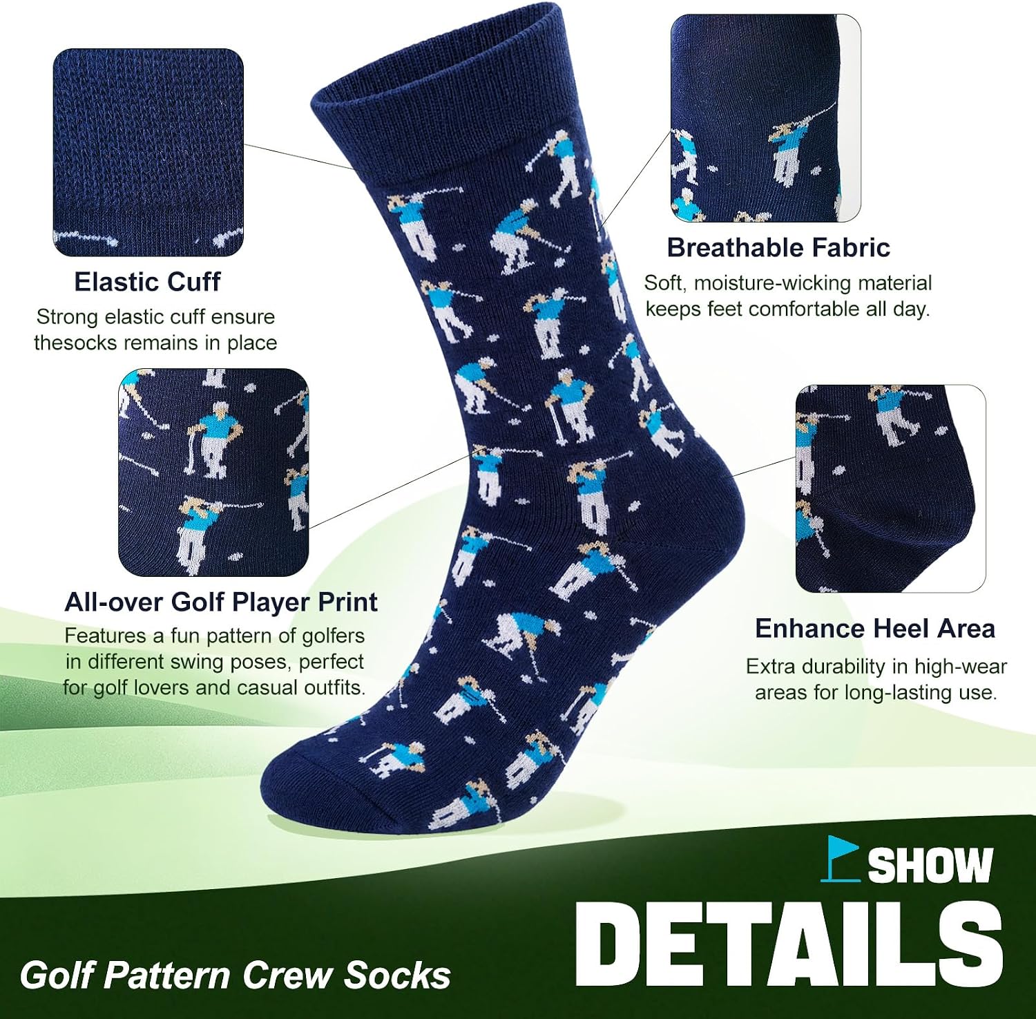 2 Pairs Golf Socks for Men, Fun Gifts for Golf Dad on Father's Day, Novelty Fun Socks on Christmas Birthday, Cotton, Red, US Size 6-12
